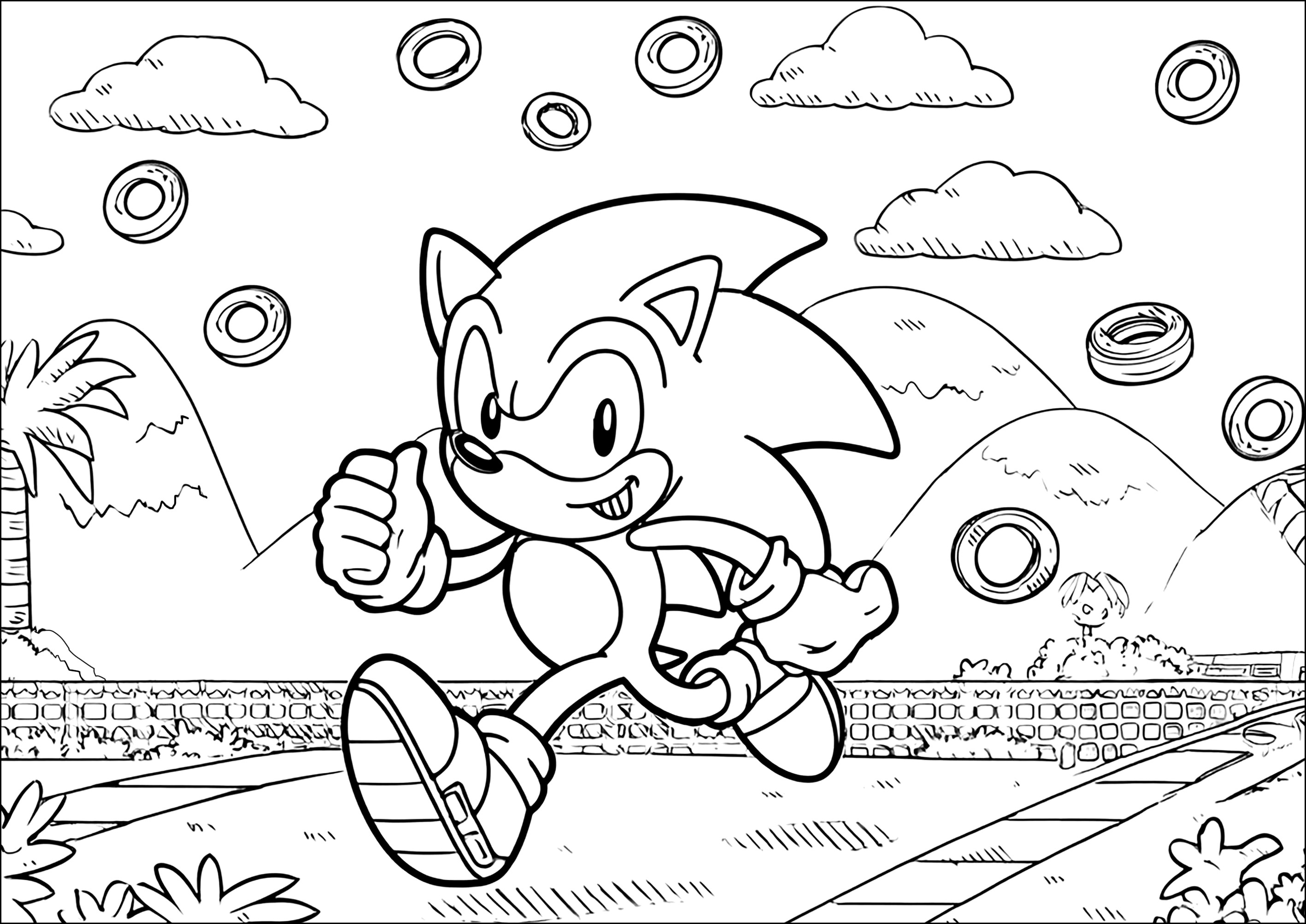 Sonic im vollen Sprint, auf der Suche nach Ringen (Ausmalbild zum Ausdrucken und Ausmalen für Kinder)