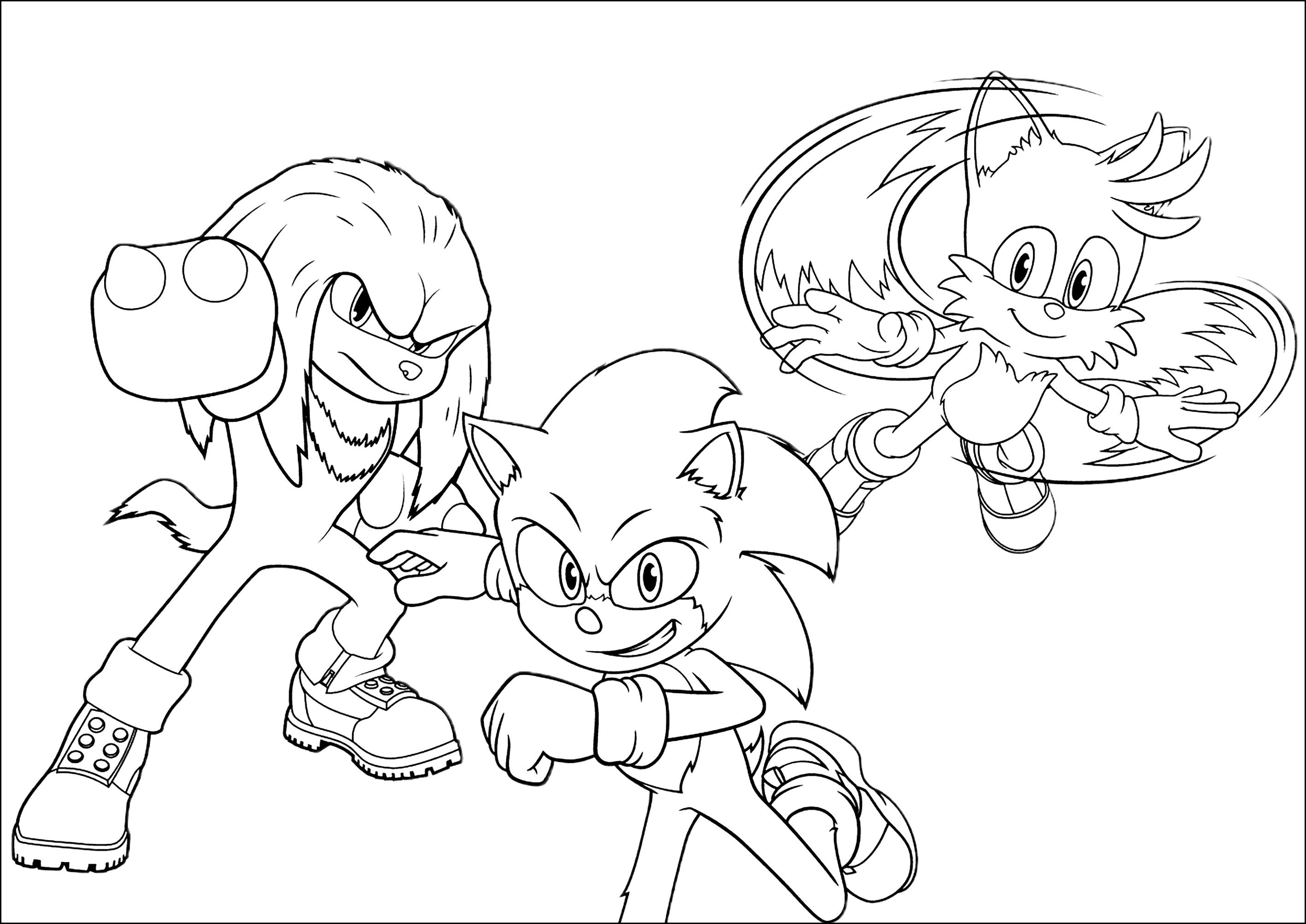 Sonic mit seinen Freunden Knuckles und Tails (Ausmalbild zum Ausdrucken und Ausmalen für Kinder)