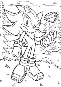 Shadow, der Igel, in einem Tannenwald. (Ausmalbild von Sonic)