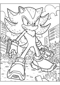 Shadow, der Igel, in einer Stadt. (Ausmalbild von Sonic)