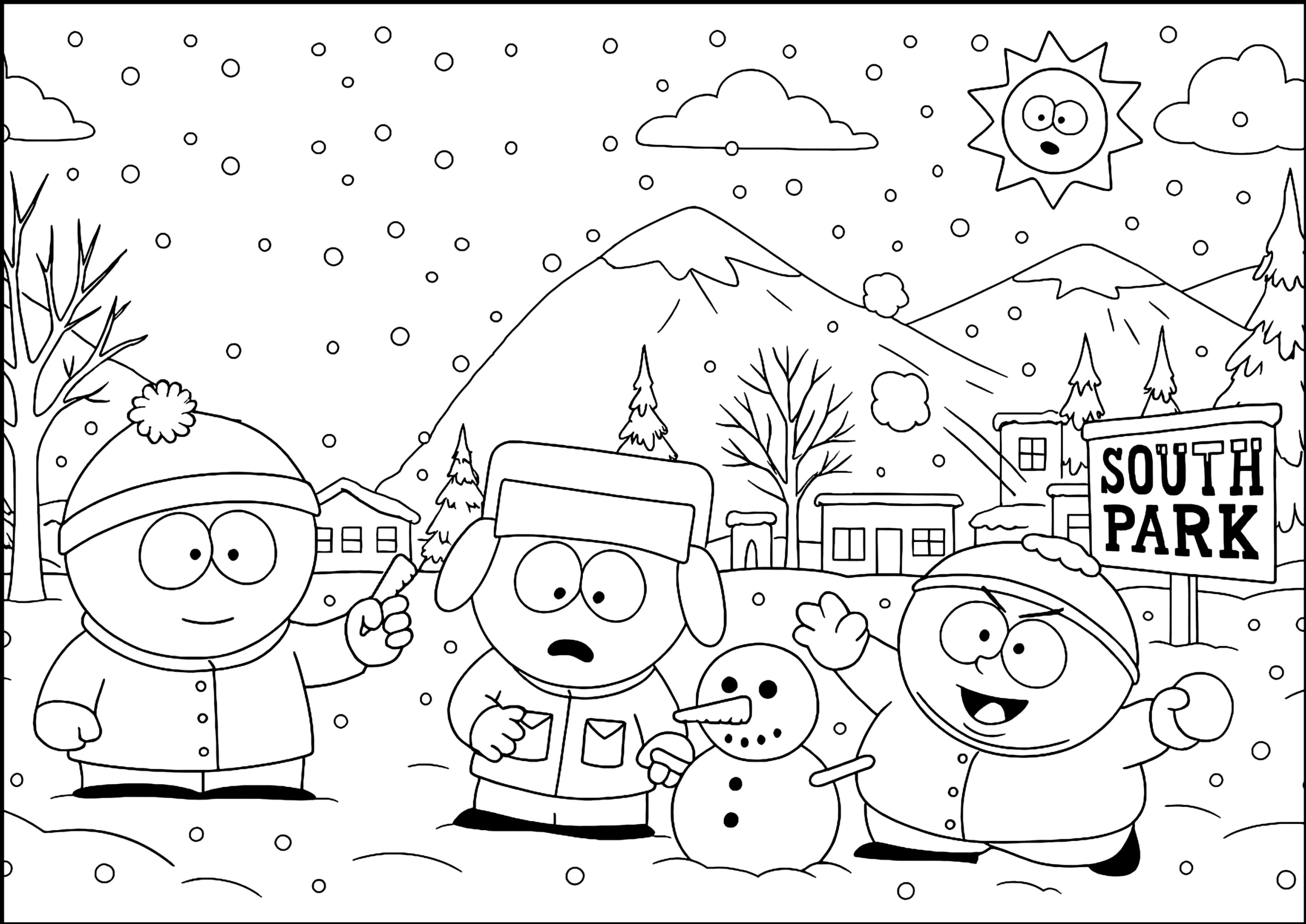 Winterabenteuer in South Park City (Ausmalbild zum Ausdrucken und Ausmalen für Kinder)
