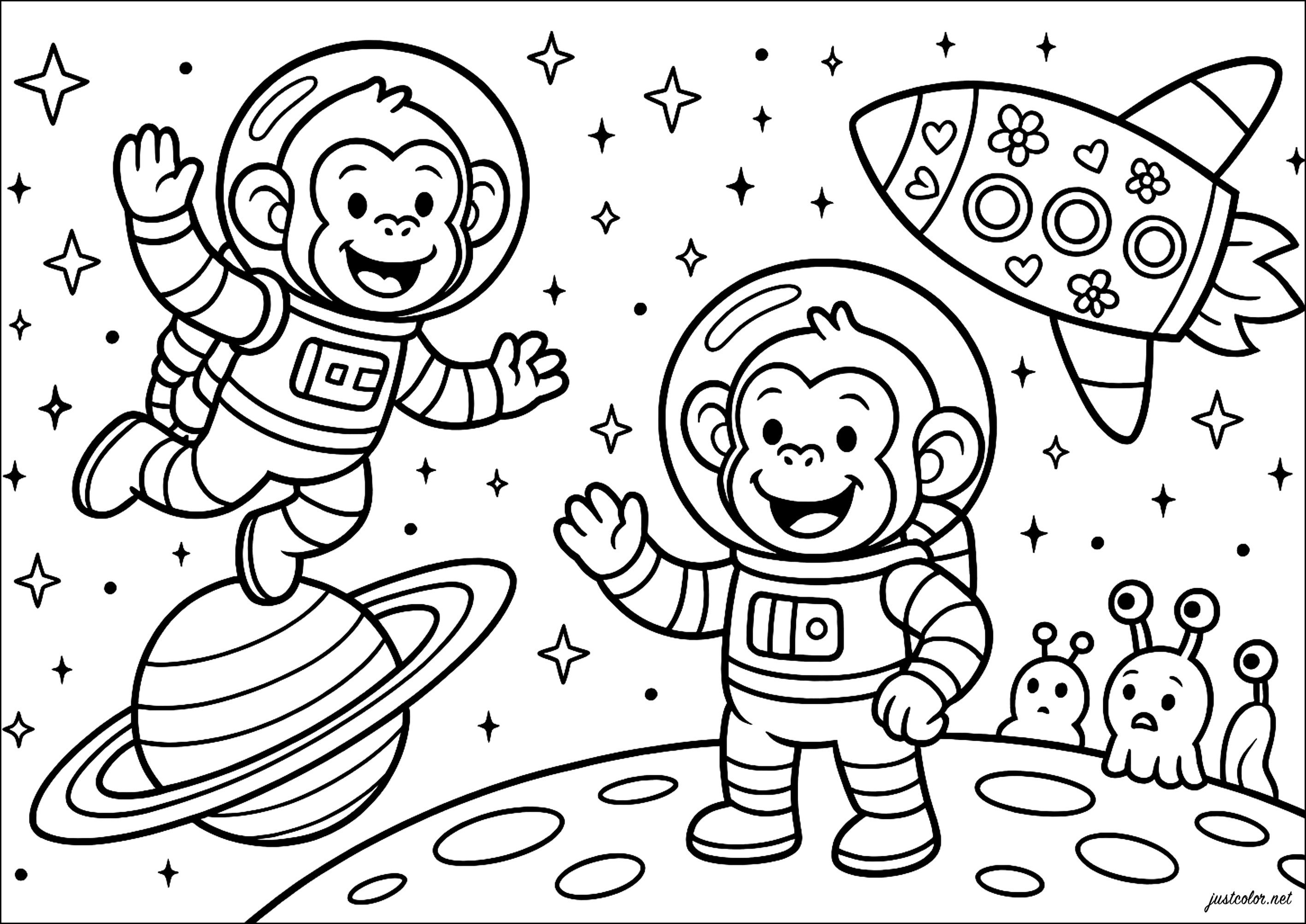 Weltraumabenteuer der fröhlichen Affen (Ausmalbild von Space Chimps – Affen im All zum Ausdrucken und Ausmalen für Kinder)