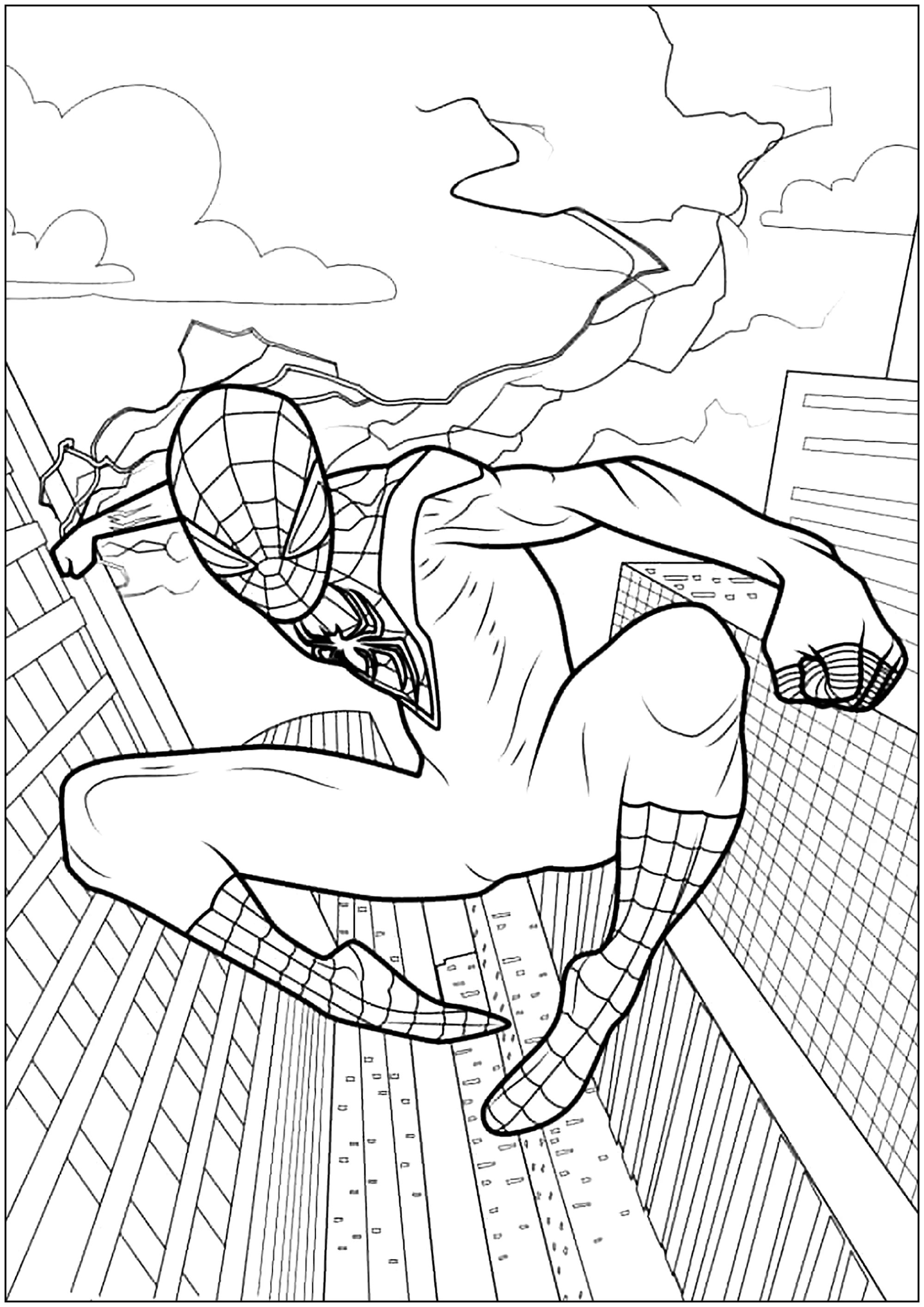 Spider-Man und Gebäude (Ausmalbild von Spider-Man: A New Universe zum Ausdrucken und Ausmalen für Kinder)