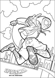 Spider-Man (Miles Morales) in Brooklyn wird auf Deutsch zu Spider-Man (Miles Morales) in Brooklyn. (Ausmalbild von Spider-Man: A New Universe)