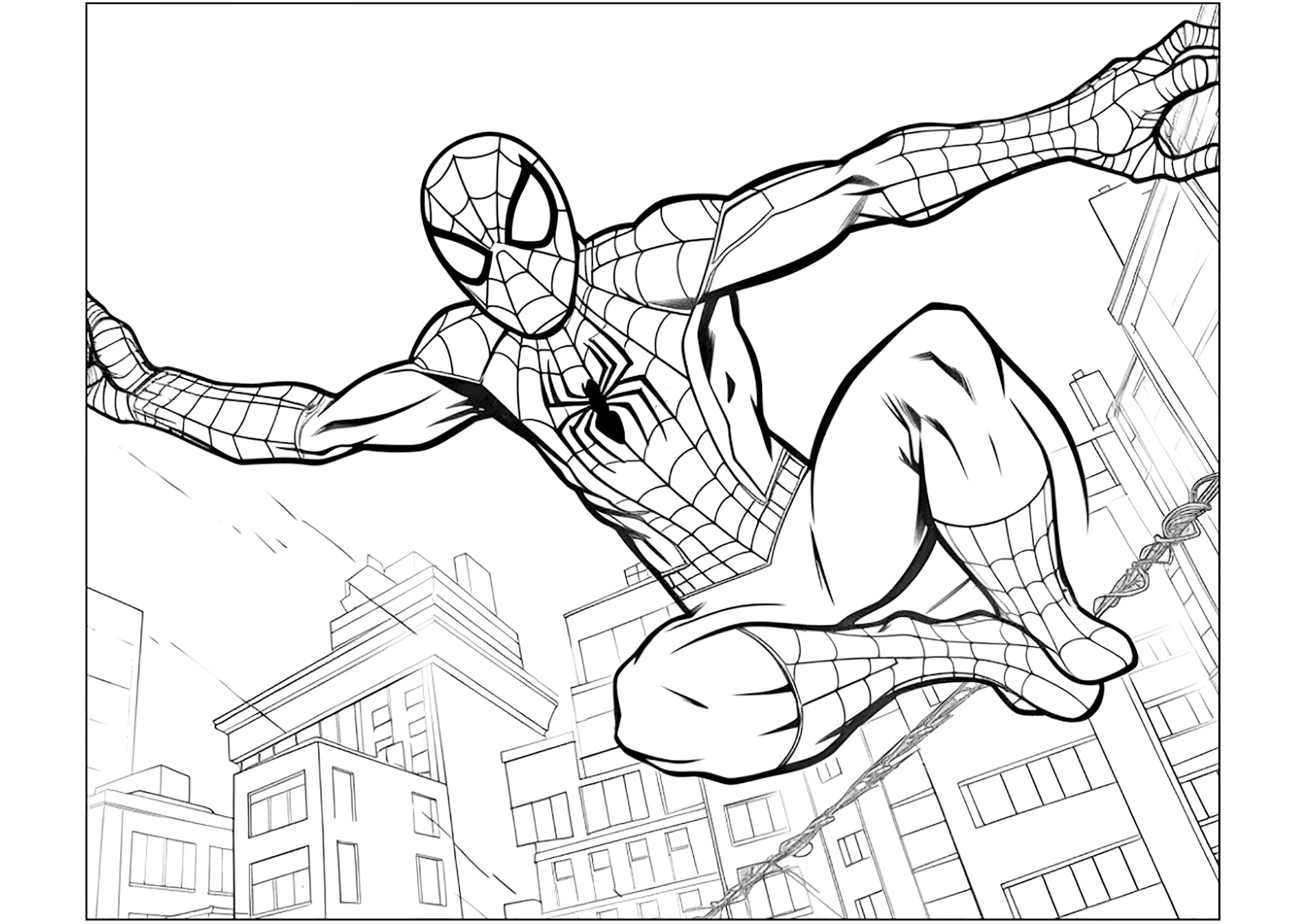 Spiderman in voller Aktion über den Dächern von New York. (Ausmalbild von Spider-Man zum Ausdrucken und Ausmalen für Kinder)