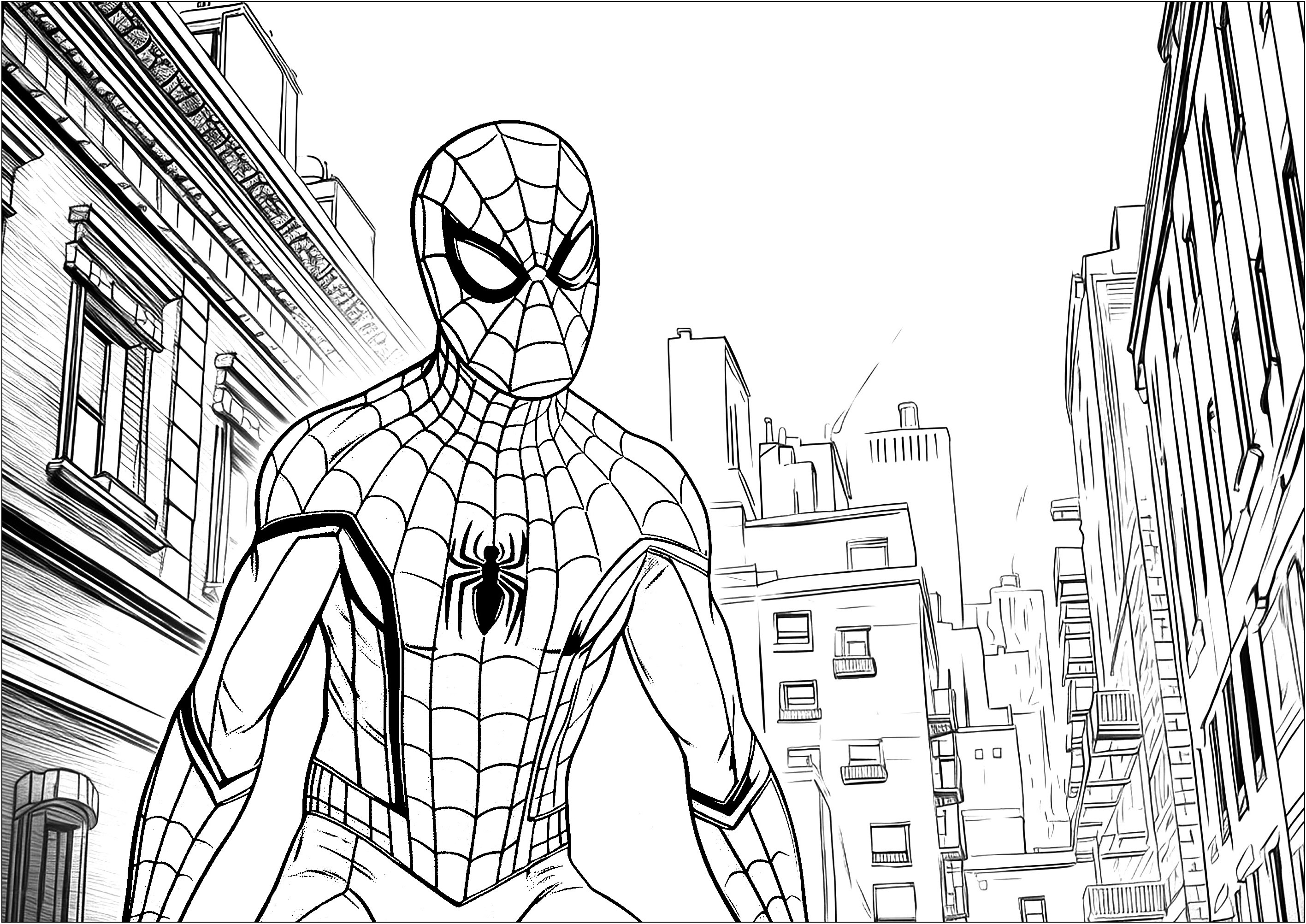 Spiderman in New York übersetzt auf Deutsch wird zu Spiderman in New York. (Ausmalbild von Spider-Man zum Ausdrucken und Ausmalen für Kinder)