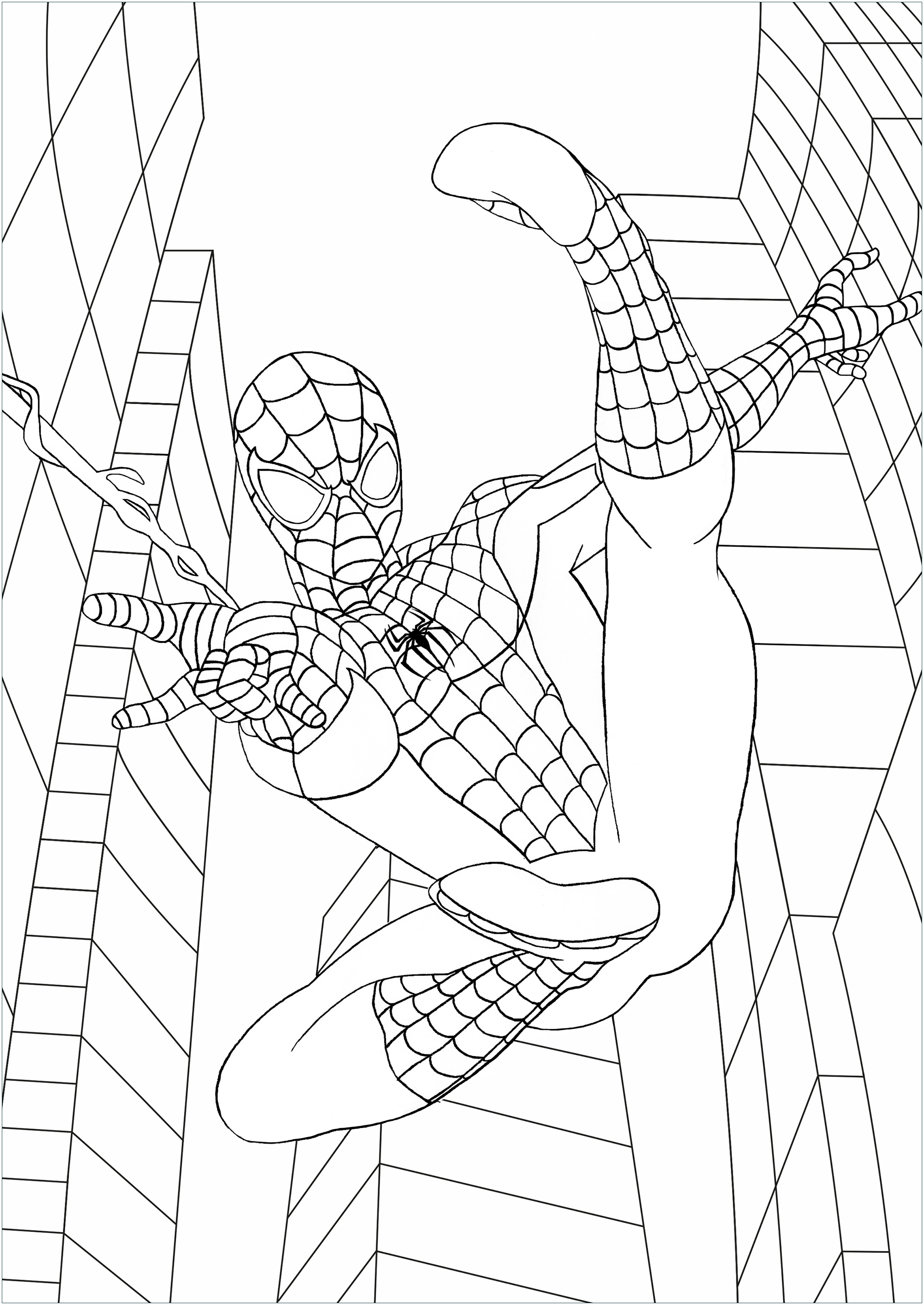 Spider-Man im Flug (Ausmalbild zum Ausdrucken und Ausmalen für Kinder)