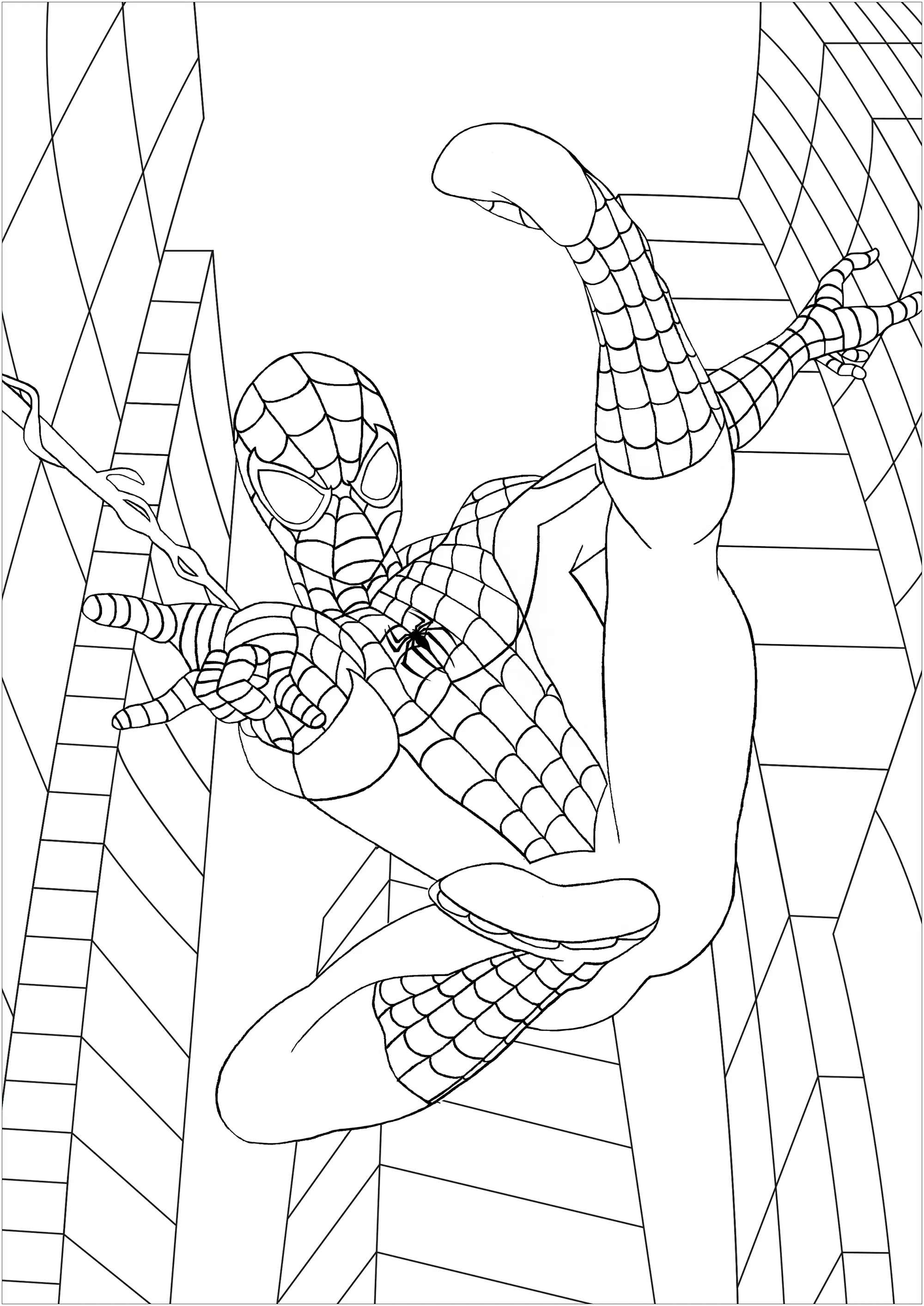 Spider-Man im Flug (Ausmalbild zum Ausdrucken und Ausmalen für Kinder)