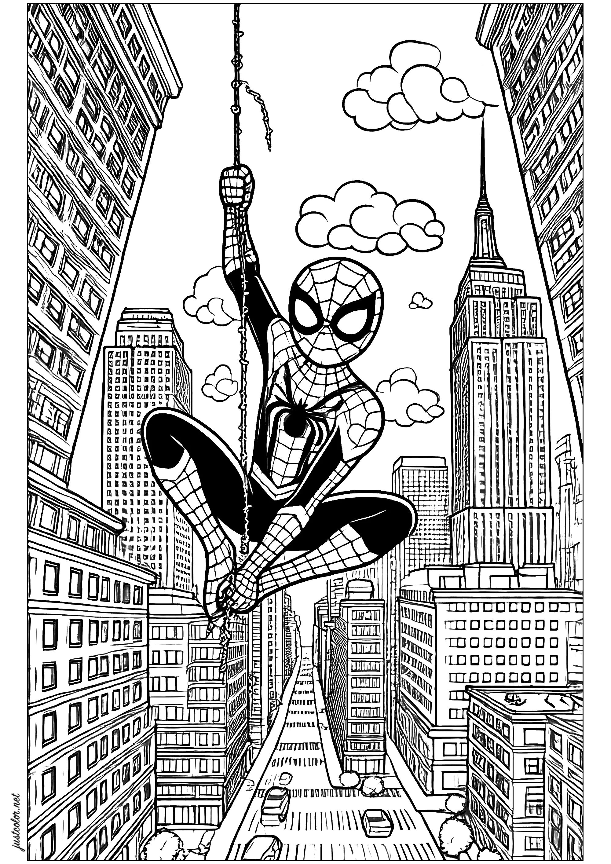Spider-man (Kawaii-Version) in New York City (Ausmalbild zum Ausdrucken und Ausmalen für Kinder)