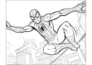 Spiderman in voller Aktion über den Dächern von New York. (Ausmalbild von Spider-Man)