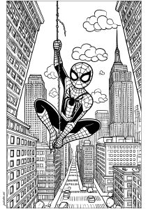 Spider-man (Kawaii-Version) in New York City (Ausmalbild)
