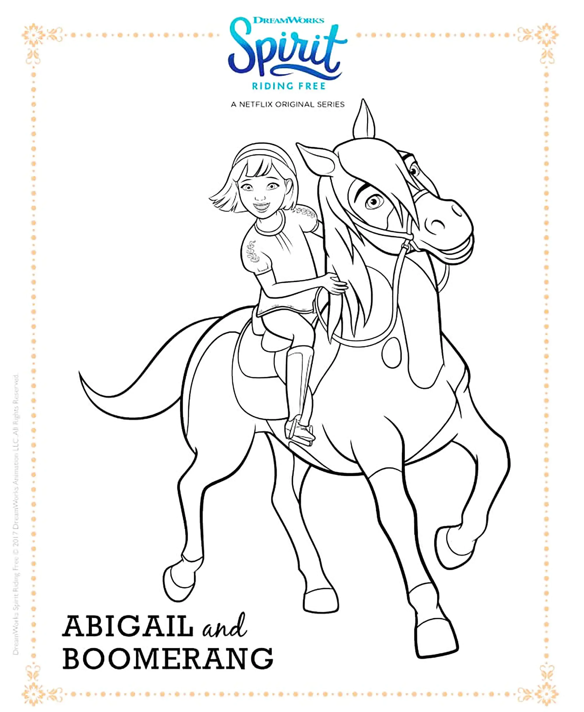 Abigail & Boomerang (Ausmalbild von Spirit – Der wilde Mustang zum Ausdrucken und Ausmalen für Kinder)