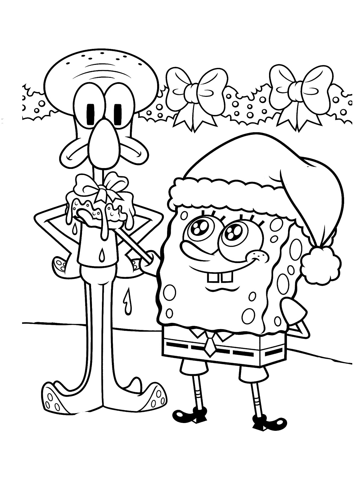 Es ist Weihnachten unter Wasser! (Ausmalbild von SpongeBob Schwammkopf zum Ausdrucken und Ausmalen für Kinder)