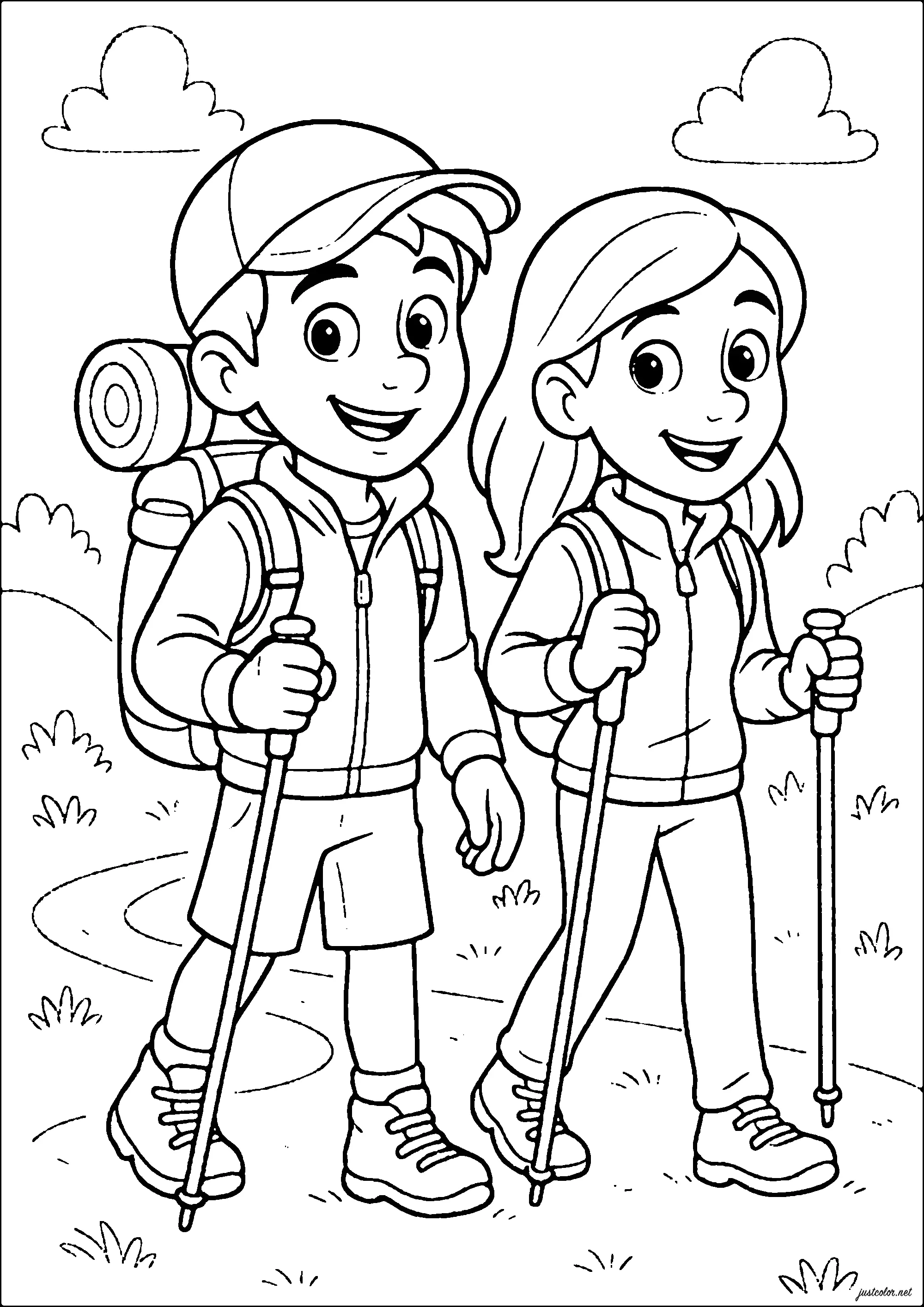 Zwei Wanderer (Ausmalbild von Sport zum Ausdrucken und Ausmalen für Kinder)