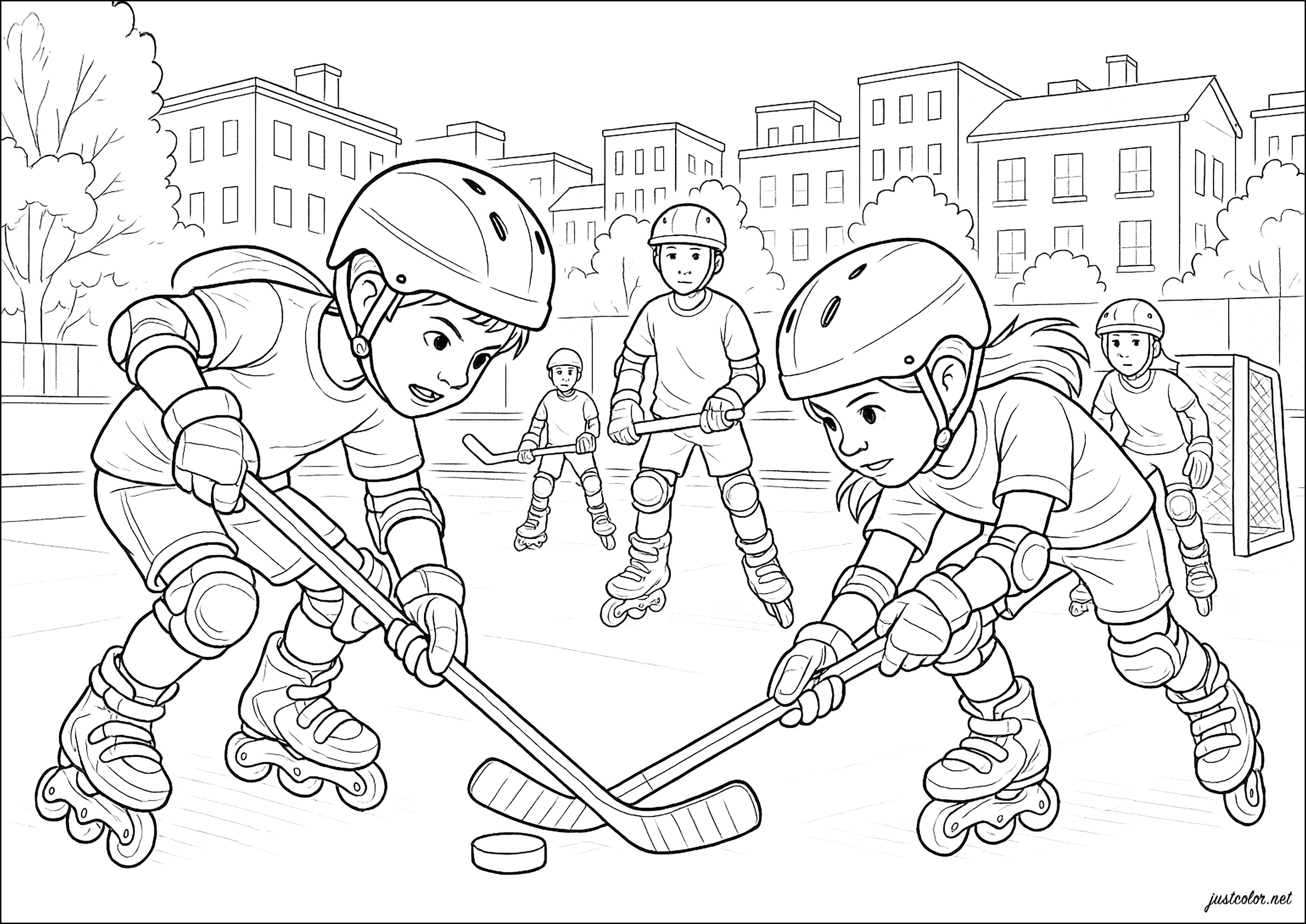 Freundschaftliches Rollhockeyturnier (Ausmalbild von Sport zum Ausdrucken und Ausmalen für Kinder)