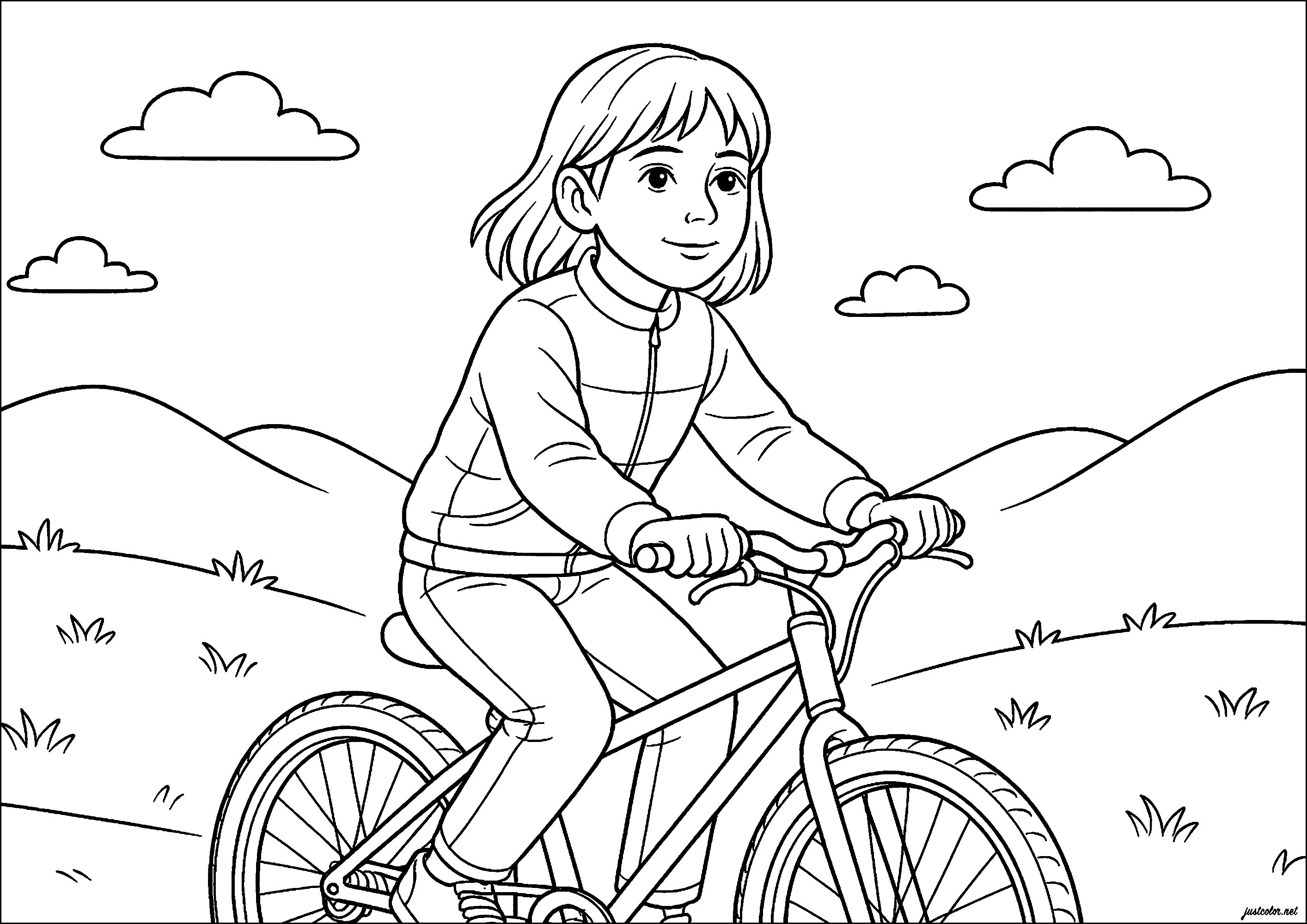 Junges Mädchen auf dem Fahrrad (Ausmalbild von Sport zum Ausdrucken und Ausmalen für Kinder)