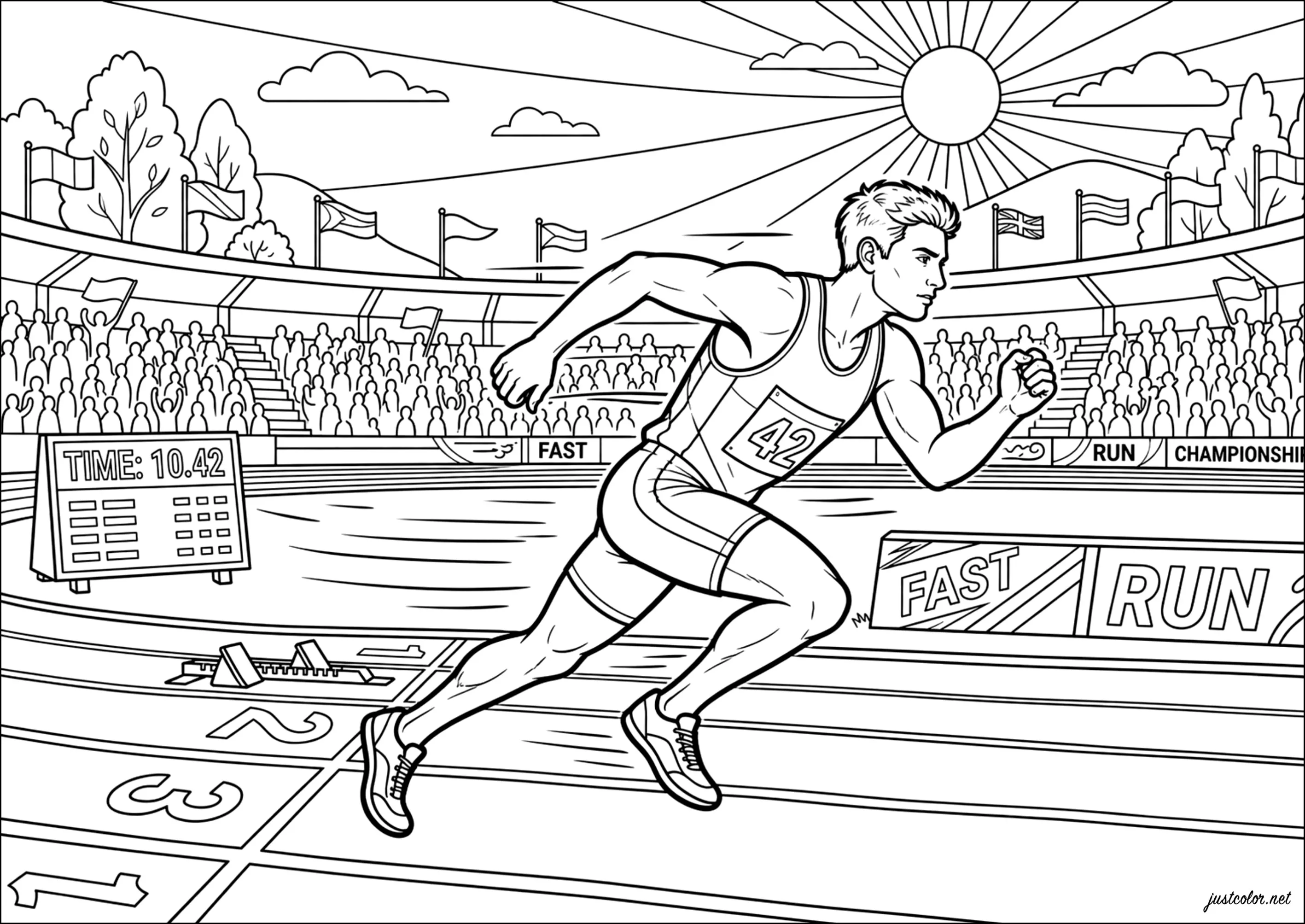 Läufer auf einer Leichtathletikbahn (Ausmalbild von Sport zum Ausdrucken und Ausmalen für Kinder)