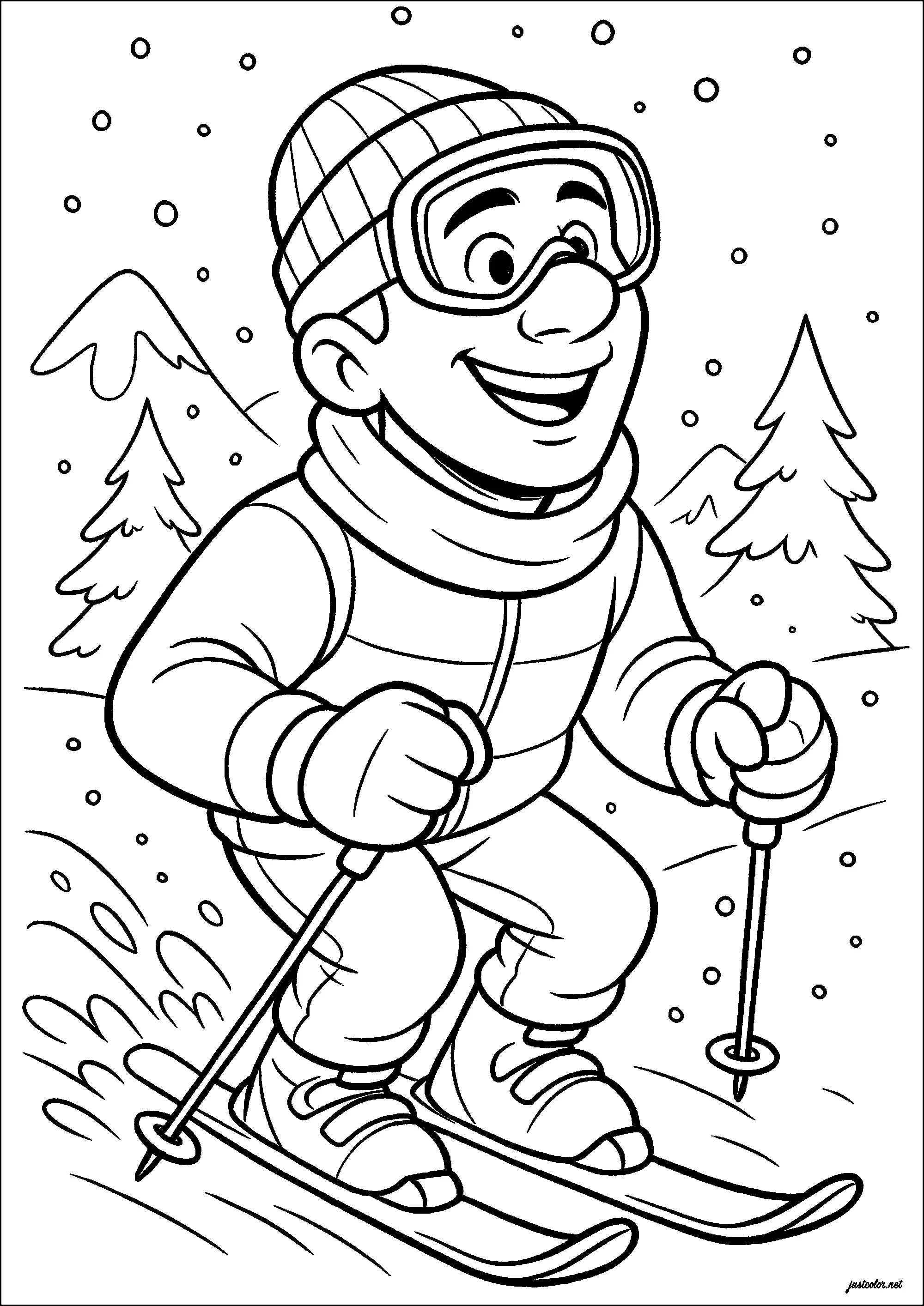 Mann beim Skifahren mit einem breiten Lächeln (Ausmalbild von Sport zum Ausdrucken und Ausmalen für Kinder)