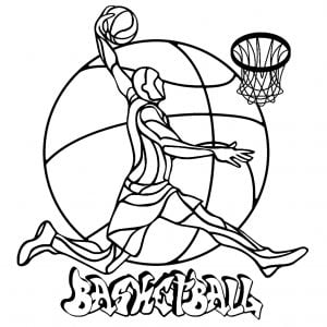 Ein Ausmalbild zum Thema Basketball, mit einem Spieler, einem Korb, einem Ball im Hintergrund und 'Basketball' in Graffiti geschrieben. (Ausmalbild von Sport)
