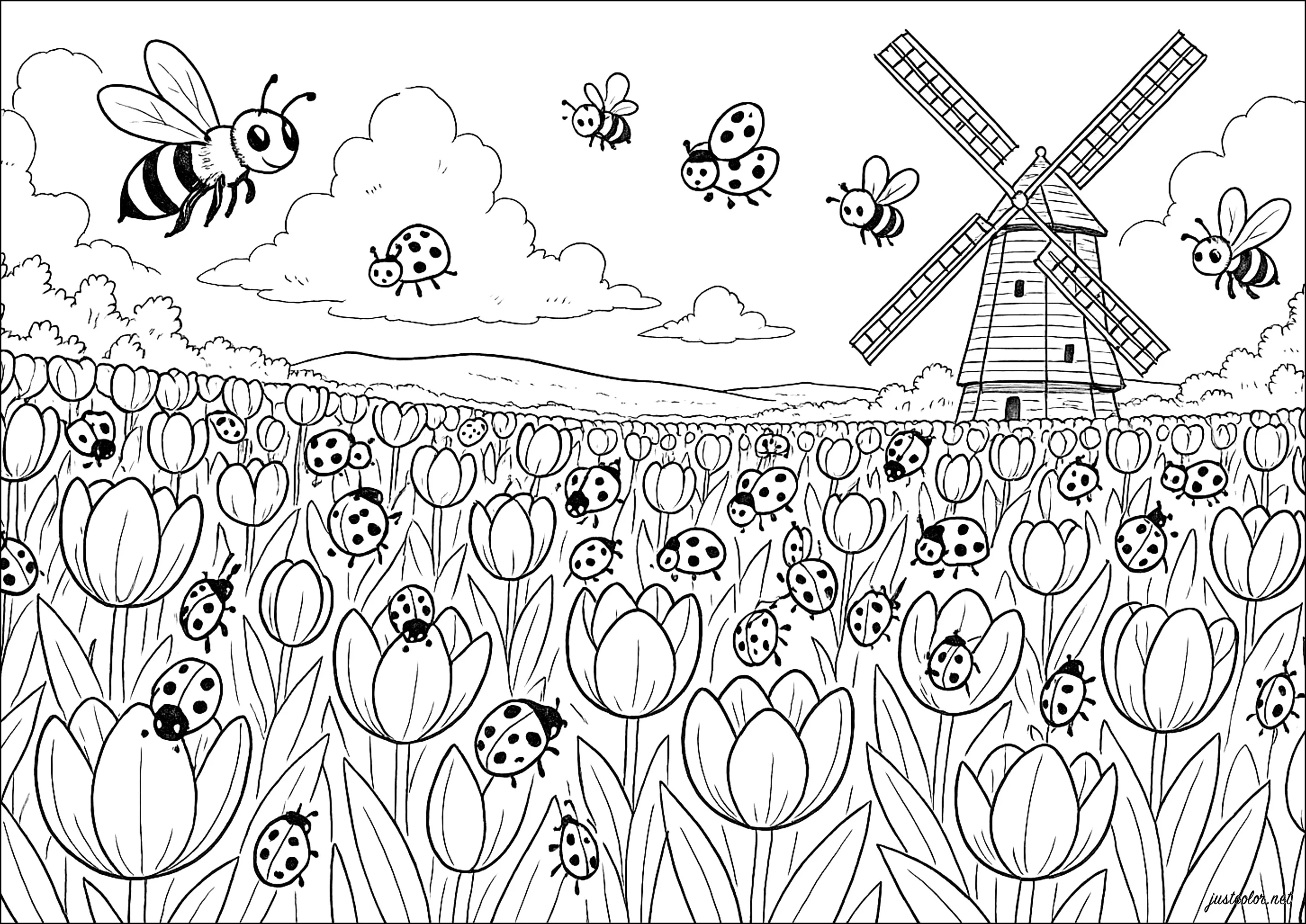 Magischer Garten von Marienkäfern und Bienen (Ausmalbild von Spring zum Ausdrucken und Ausmalen für Kinder)