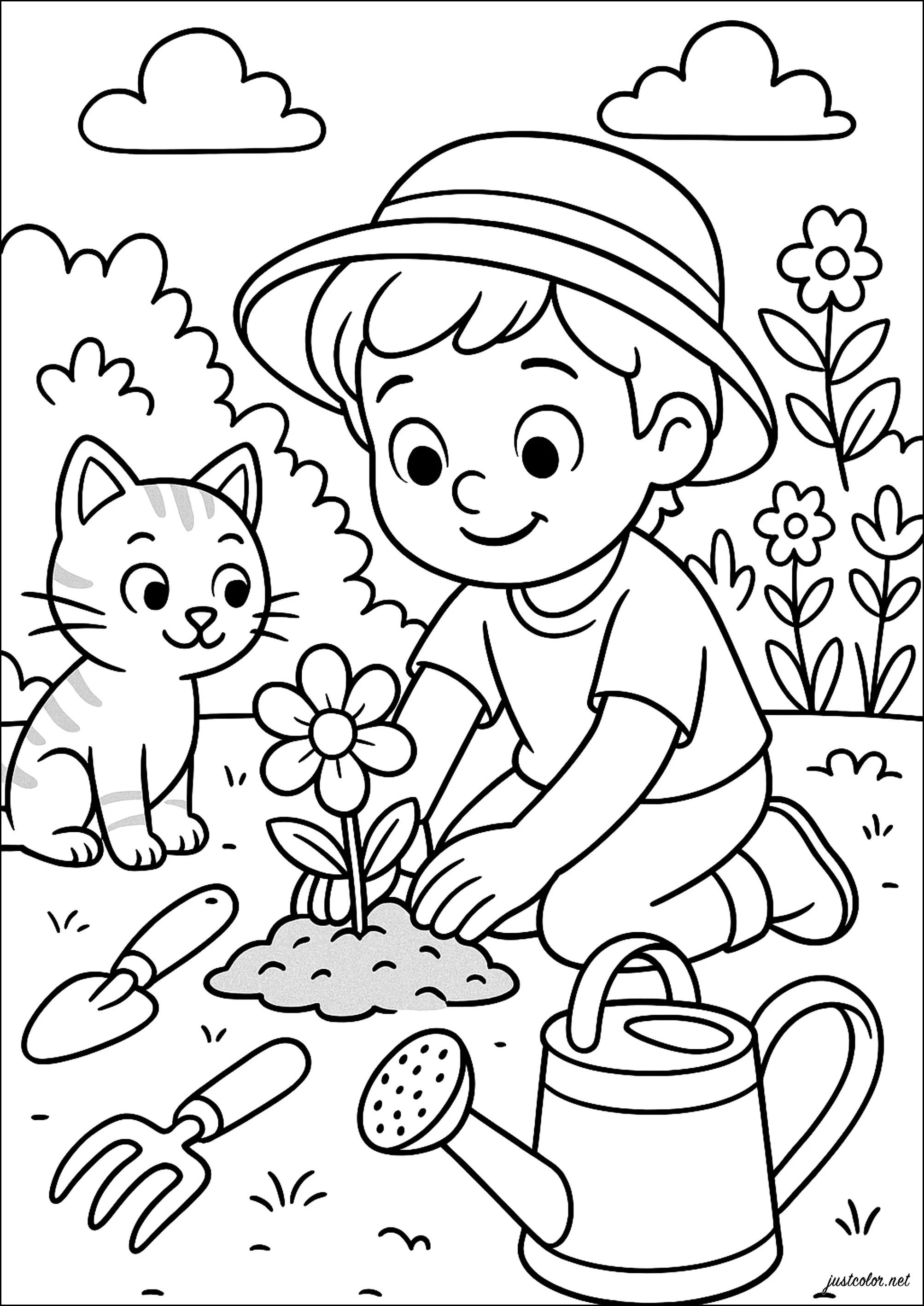 Fröhliche Gartenarbeit mit einer kleinen Katze (Ausmalbild von Spring zum Ausdrucken und Ausmalen für Kinder)