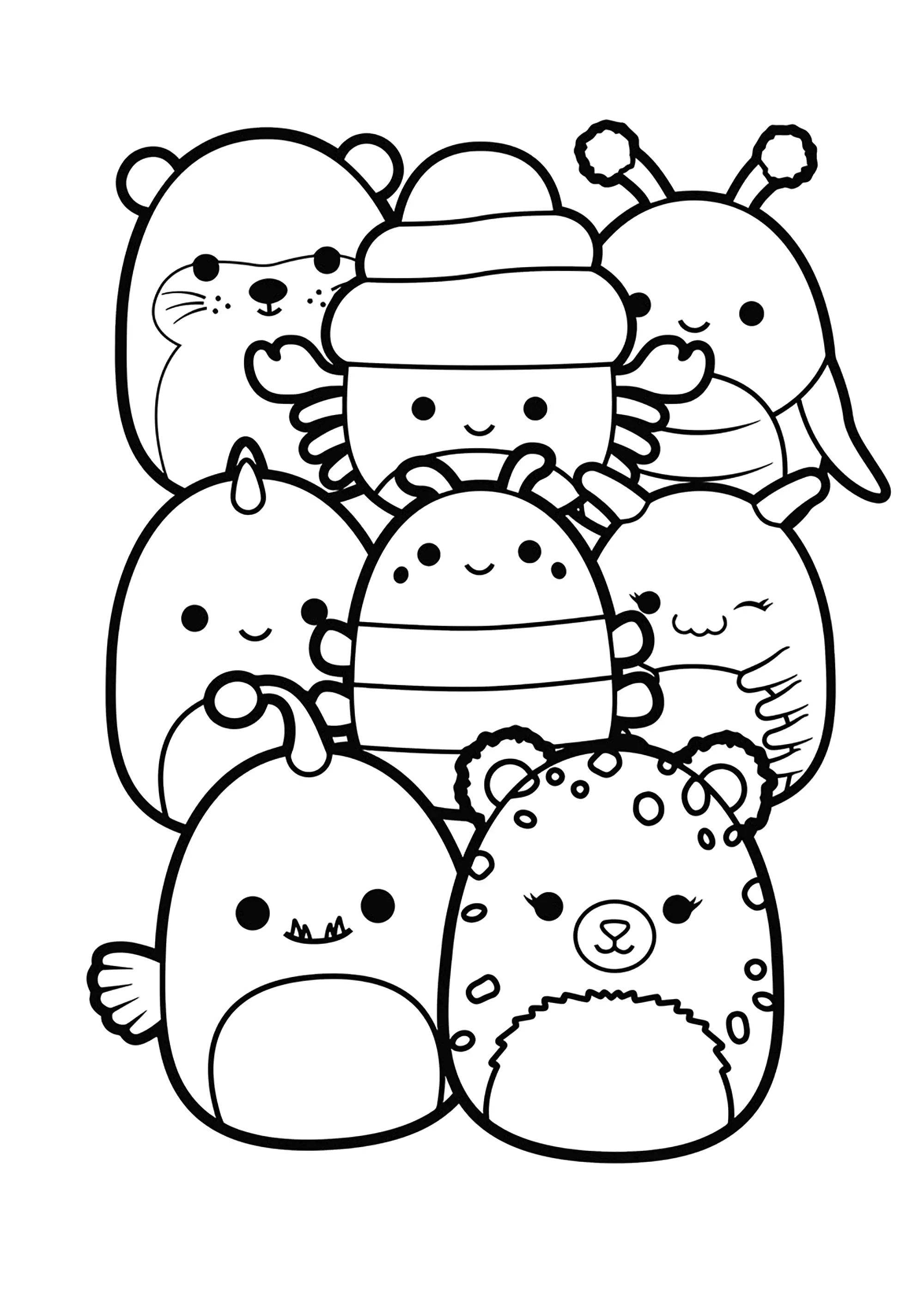 Squishmallow Insekten und Tiere (Ausmalbild zum Ausdrucken und Ausmalen für Kinder)