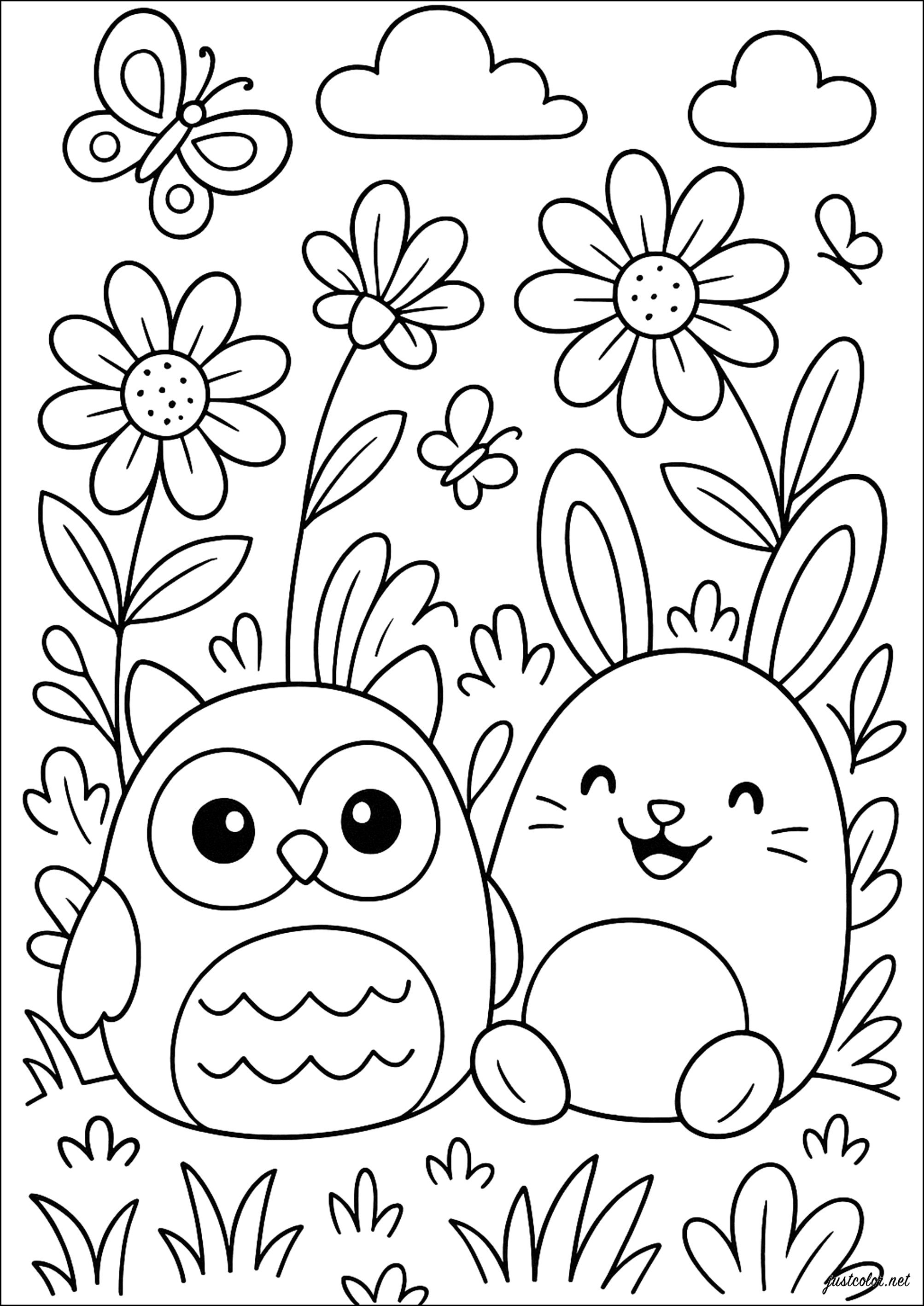 Zwei Freunde im verzauberten Garten (Ausmalbild von Squishmallow zum Ausdrucken und Ausmalen für Kinder)