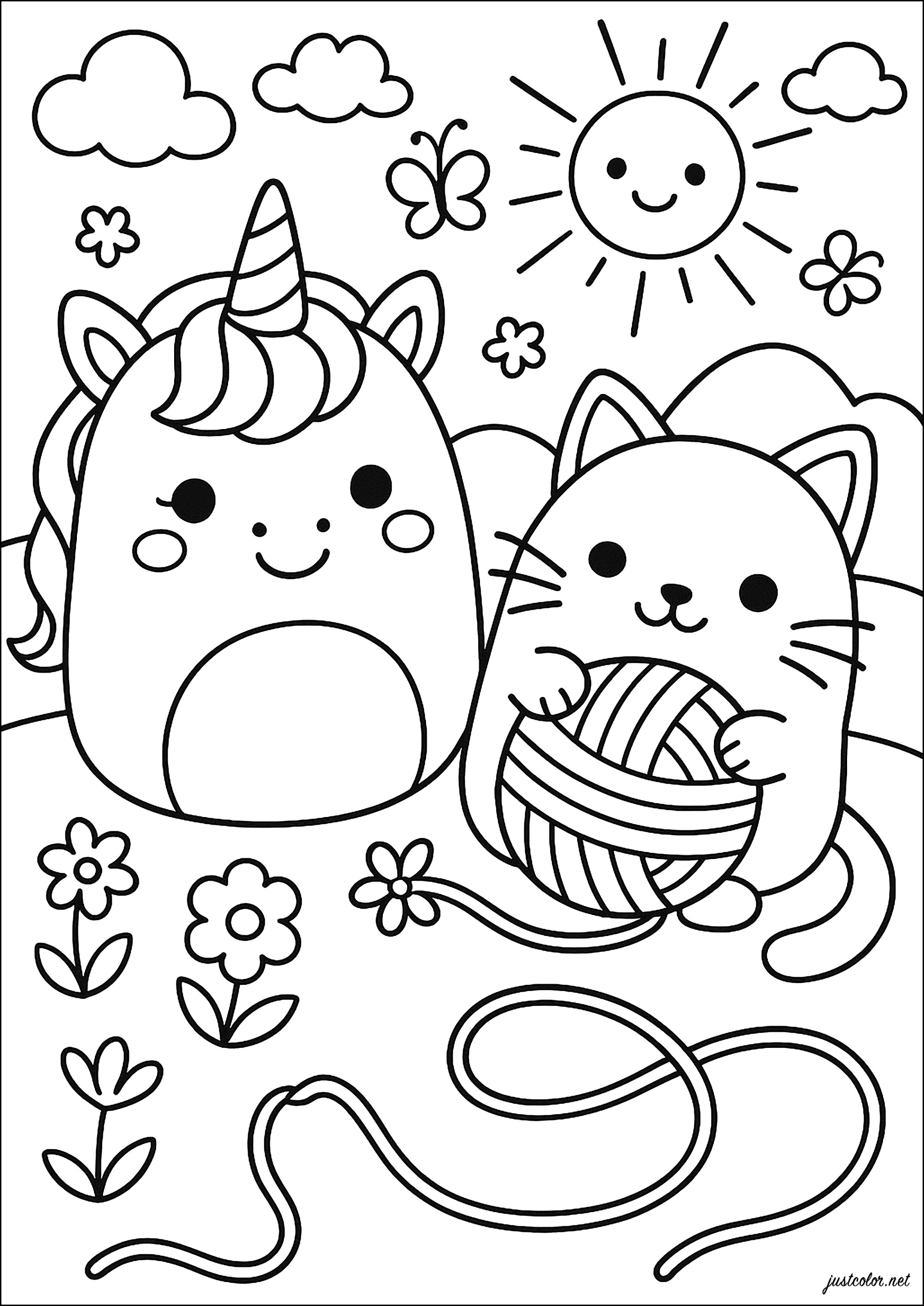Verspielte Komplizenschaft zwischen niedlichen Freunden (Ausmalbild von Squishmallow zum Ausdrucken und Ausmalen für Kinder)