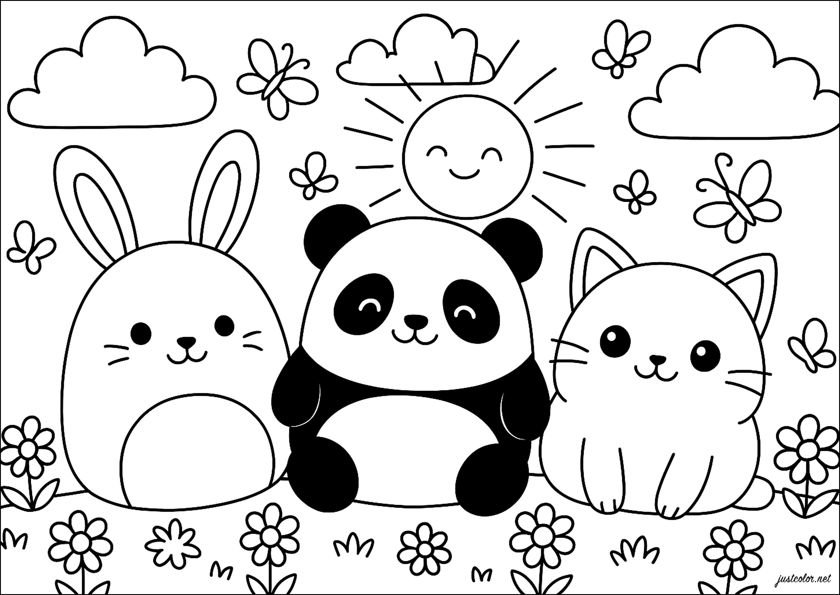 Kaninchen, Panda und Katze (Ausmalbild von Squishmallow zum Ausdrucken und Ausmalen für Kinder)