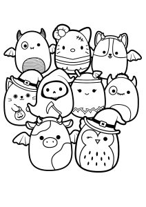 Neun Halloween Squishmallow Plüschtiere. (Ausmalbild)