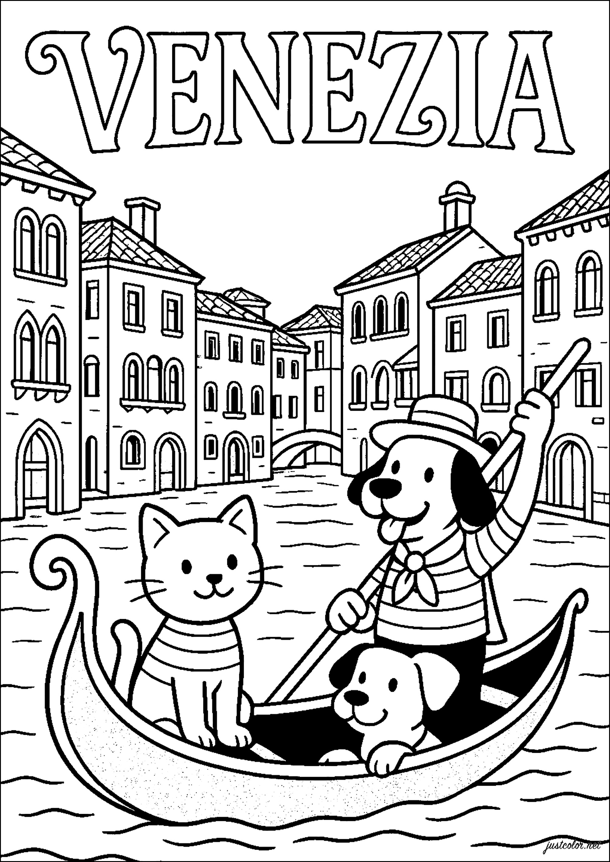 Abenteuer auf den bezaubernden Kanälen von Venedig (Italien) (Ausmalbild von Cities zum Ausdrucken und Ausmalen für Kinder)
