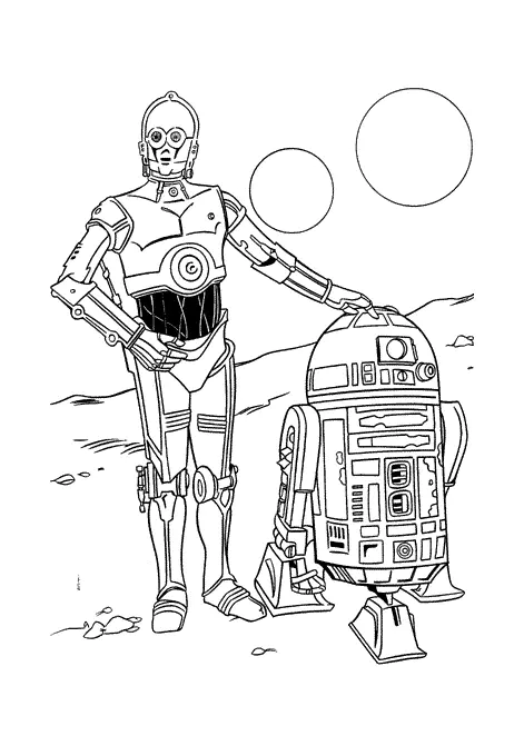 R2D2 und C3PO auf Tatooine. (Ausmalbild von Star Wars zum Ausdrucken und Ausmalen für Kinder)