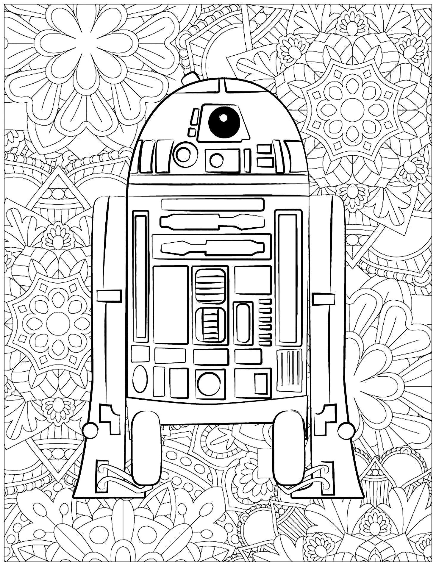 Star Wars: R2D2 und komplexer Hintergrund. (Ausmalbild zum Ausdrucken und Ausmalen für Kinder)