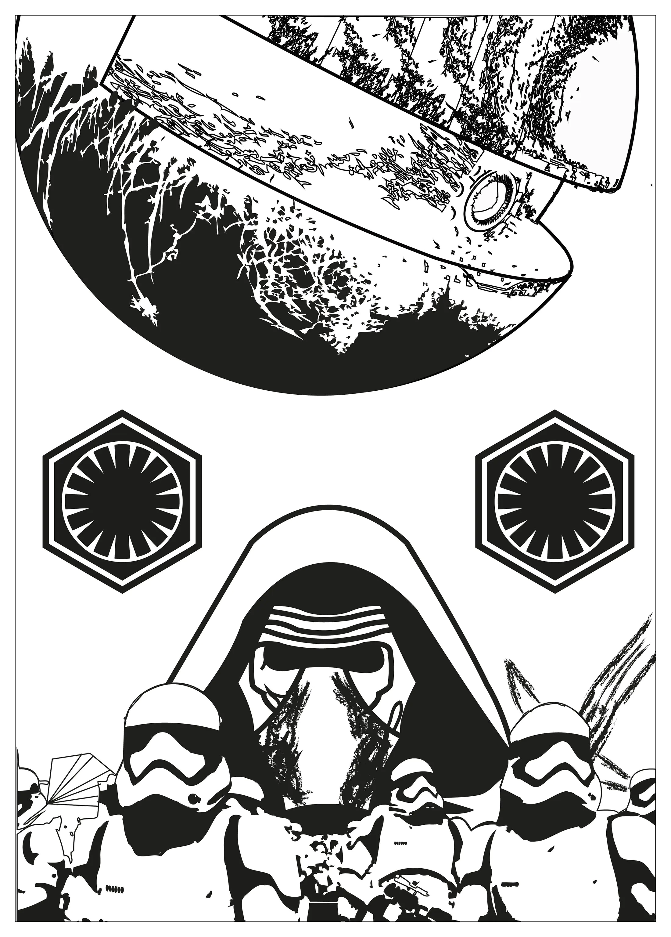 Die dunkle Seite, Stormtrooper und der böse Kylo Ren. (Ausmalbild von Star Wars zum Ausdrucken und Ausmalen für Kinder)