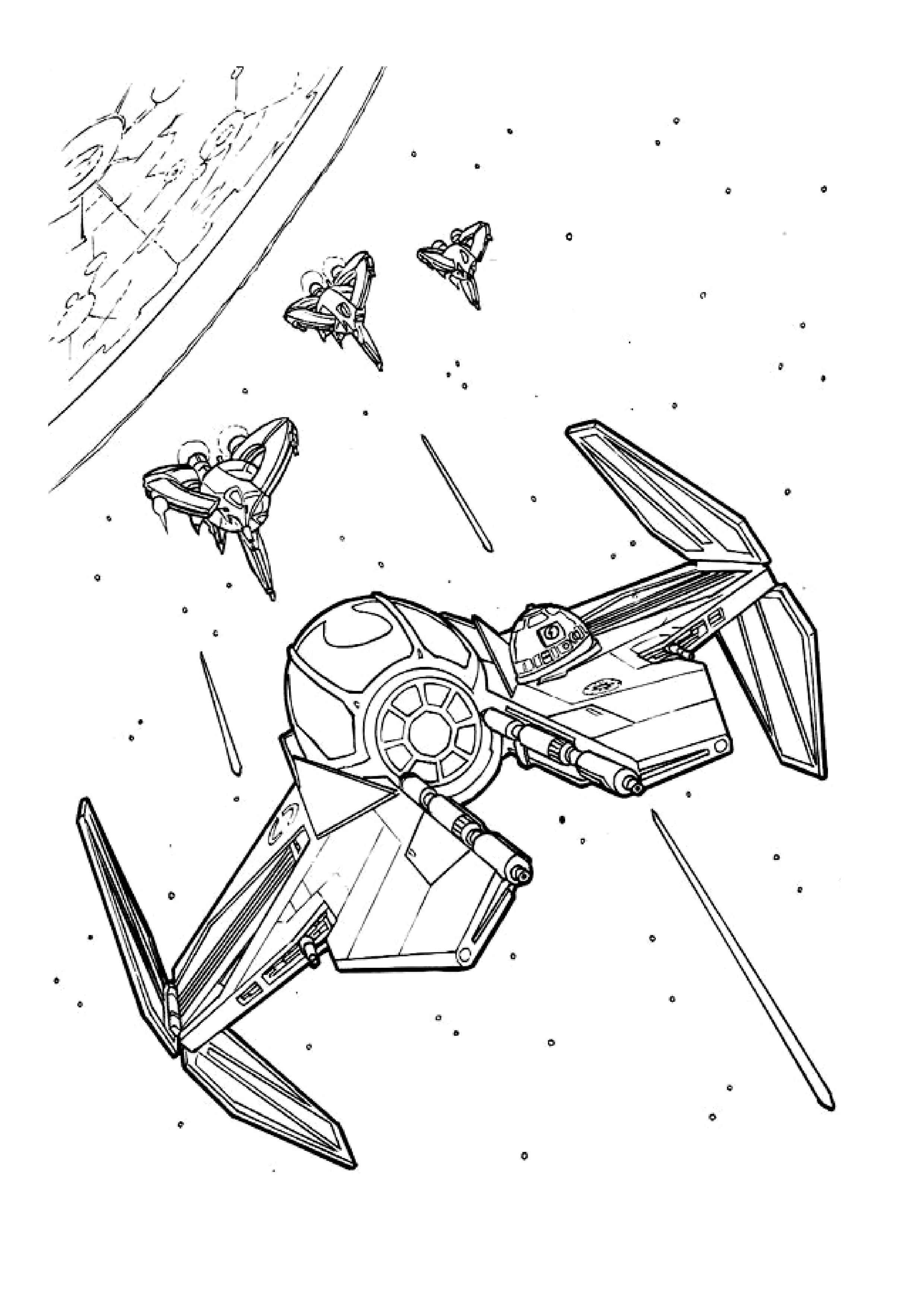 Tie Fighter bleibt auf Deutsch unverändert, da es sich um einen spezifischen Begriff aus der Star Wars-Reihe handelt, der nicht übersetzt wird. (Ausmalbild zum Ausdrucken und Ausmalen für Kinder)