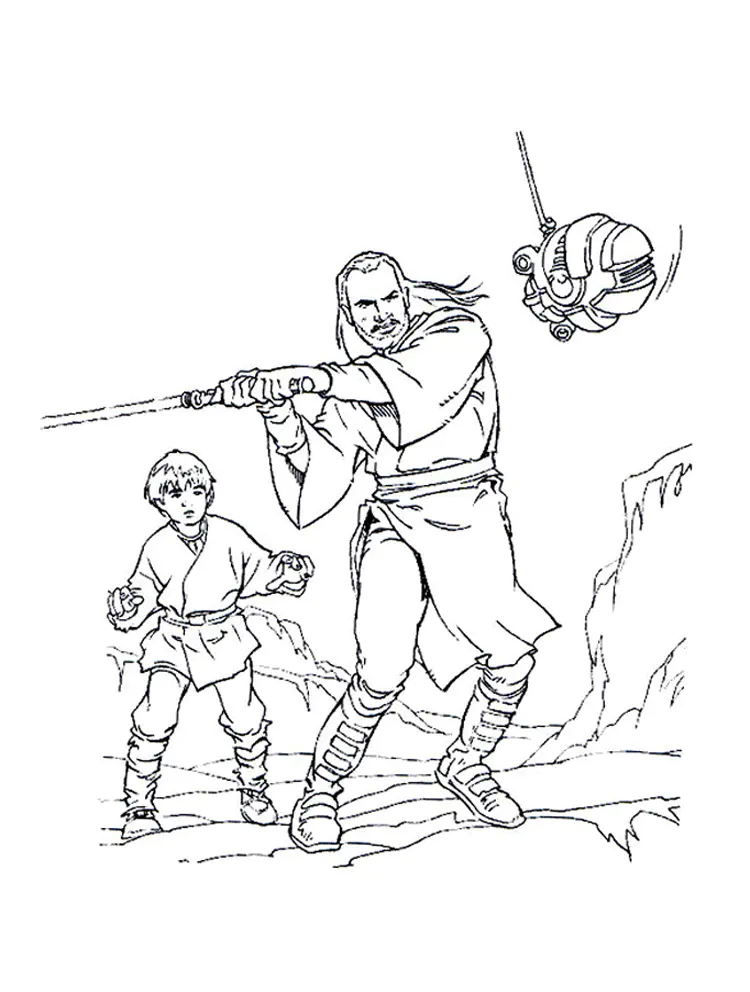 Anakin Skywalker mit Qui Gon Jinn (Ausmalbild von Star Wars zum Ausdrucken und Ausmalen für Kinder)