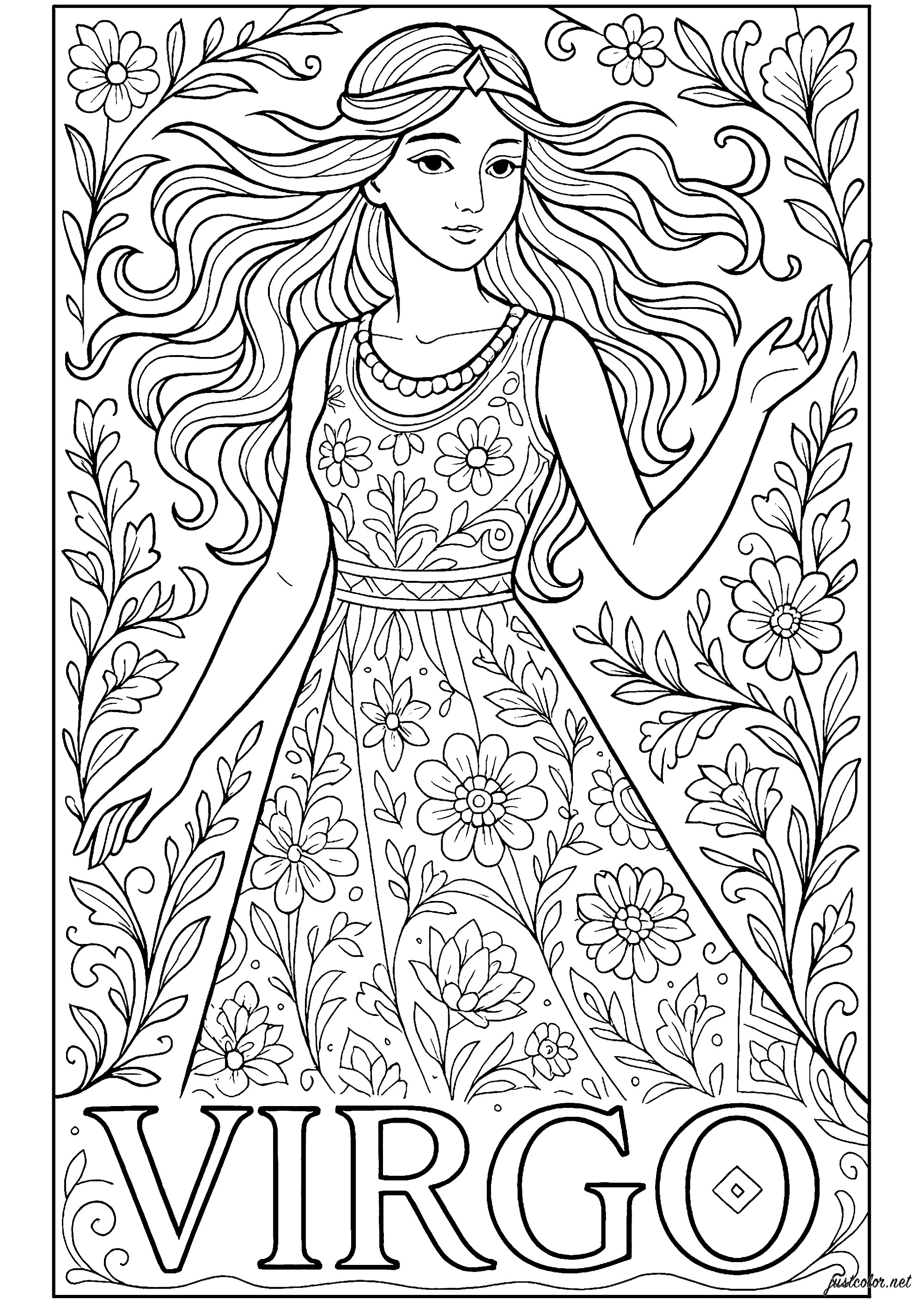 Zeichen der Jungfrau (Virgo) dargestellt durch eine Frau (Ausmalbild von Sternzeichen zum Ausdrucken und Ausmalen für Kinder)
