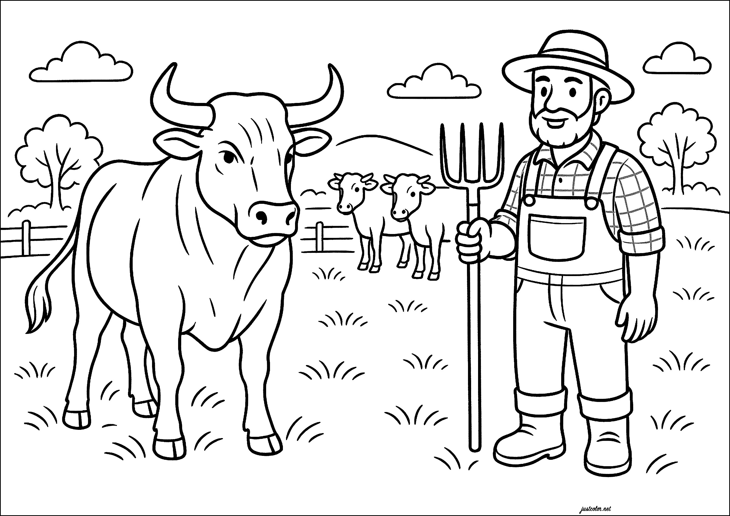 Bauer und sein Stier (Ausmalbild zum Ausdrucken und Ausmalen für Kinder)