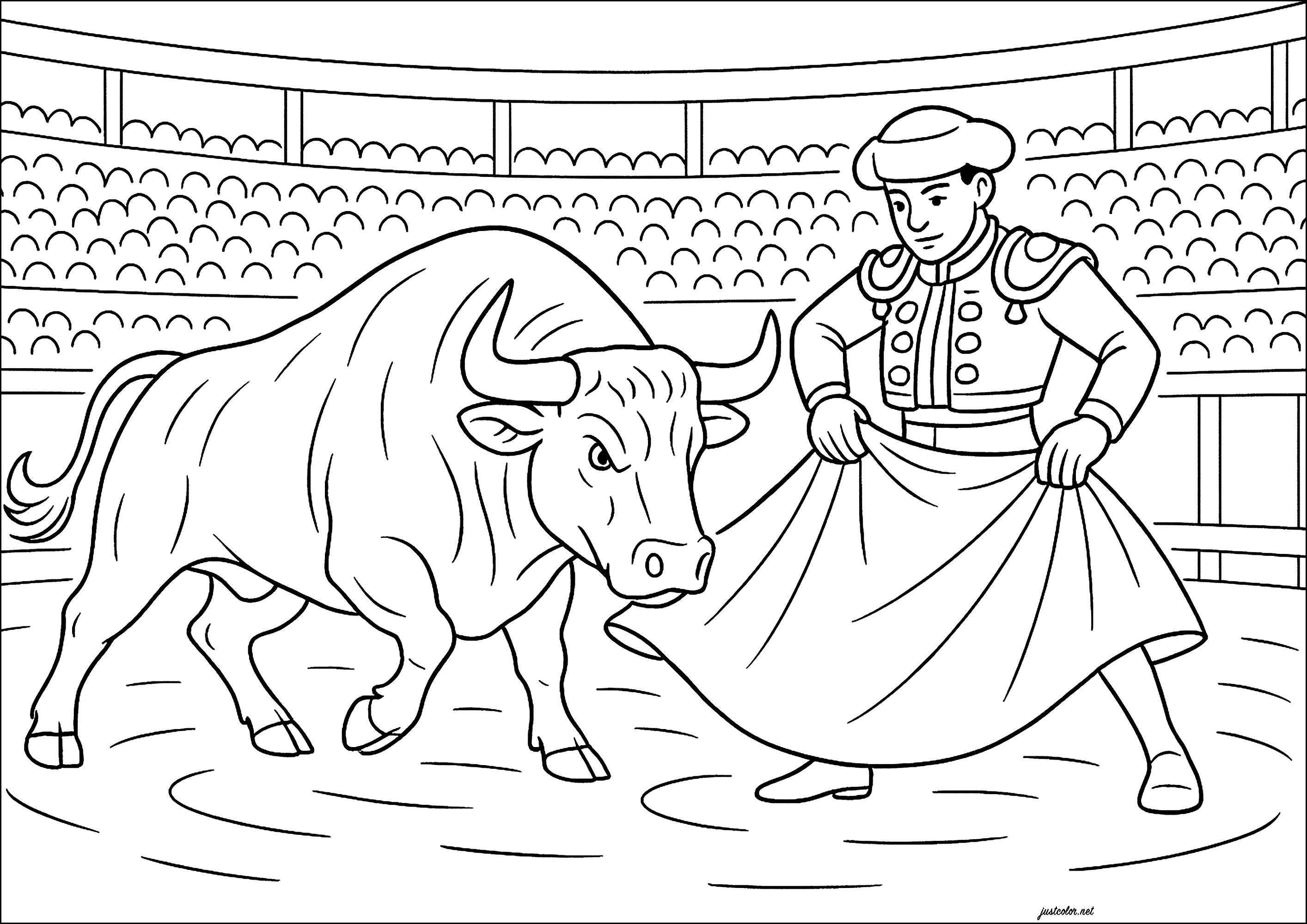 Stierkampf: Stier und Torero (Ausmalbild zum Ausdrucken und Ausmalen für Kinder)