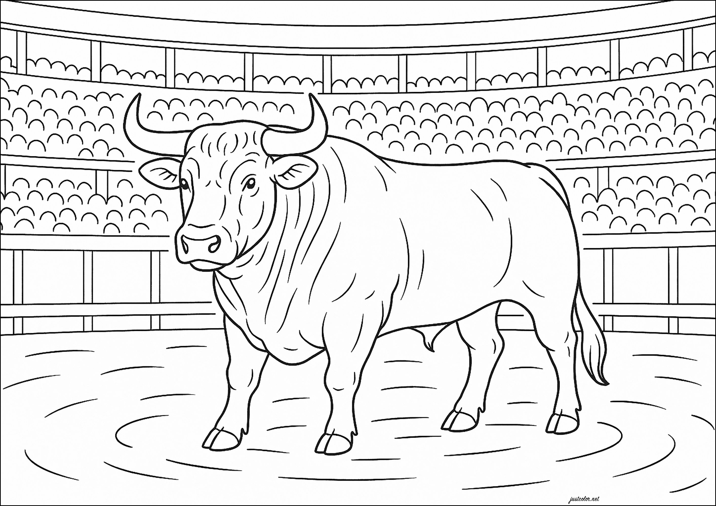 Stier in der Corrida-Arena (Ausmalbild zum Ausdrucken und Ausmalen für Kinder)