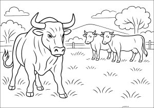 Stier mit bedrohlichem Aussehen und zwei Kühe (Ausmalbild)