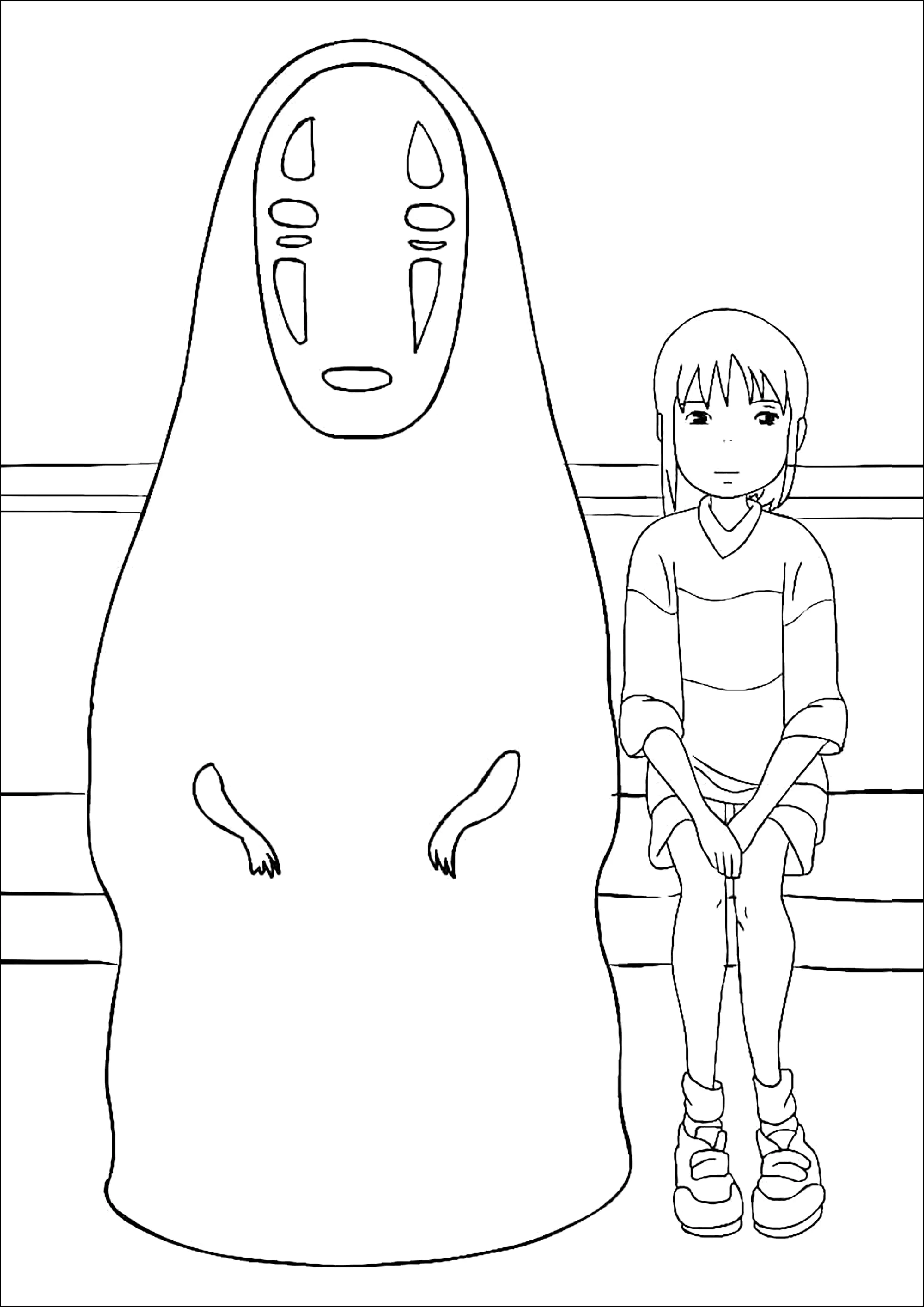 Chihiros Reise ins Zauberland: Chihiro und No-Face (Kaonashi) (Ausmalbild von Studio Ghibli zum Ausdrucken und Ausmalen für Kinder)
