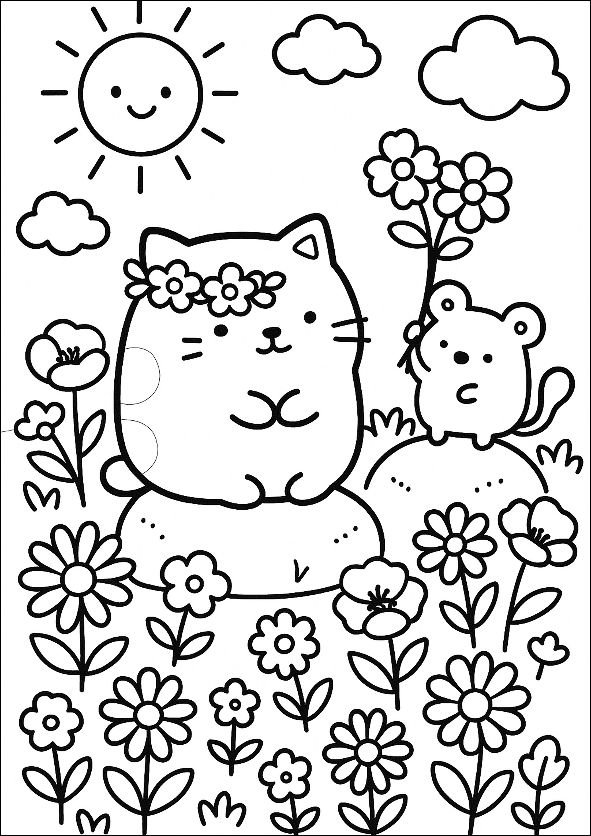 Figuren auf einem Blumenfeld (Ausmalbild von Sumikko Gurashi zum Ausdrucken und Ausmalen für Kinder)