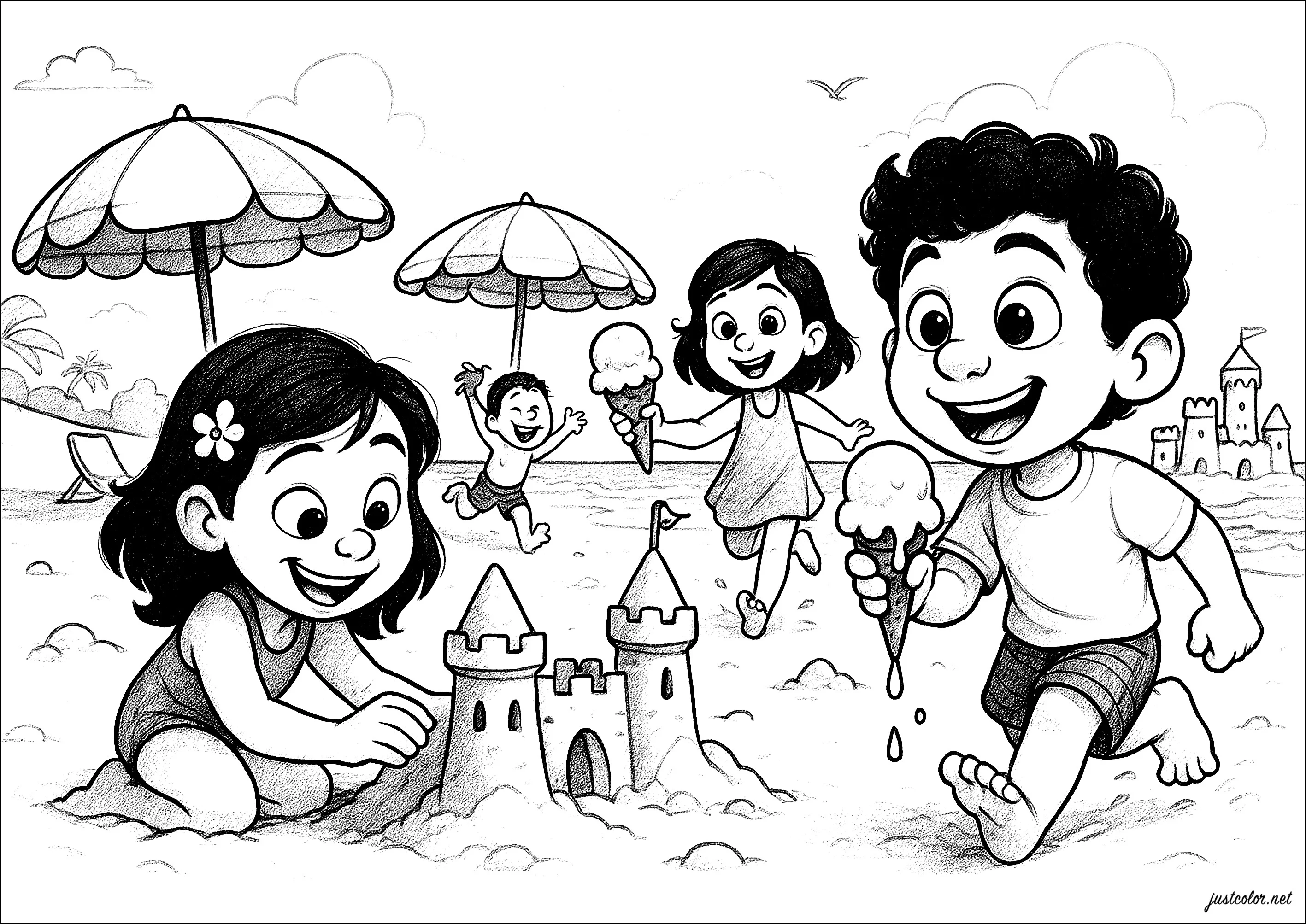 Tag voller Spaß am Strand (Ausmalbild von Summer zum Ausdrucken und Ausmalen für Kinder)