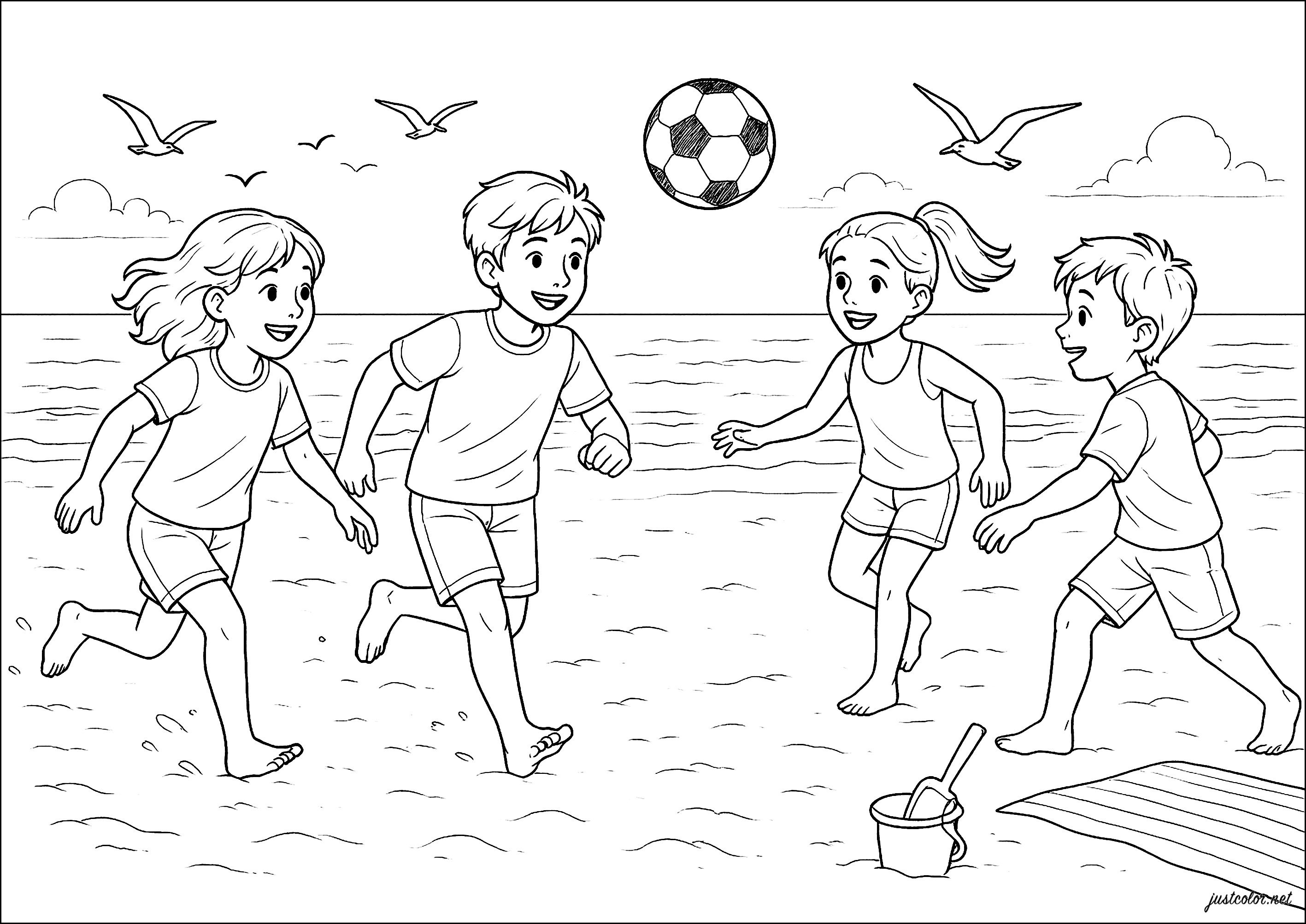 Fußballspiel am Strand (Ausmalbild von Summer zum Ausdrucken und Ausmalen für Kinder)