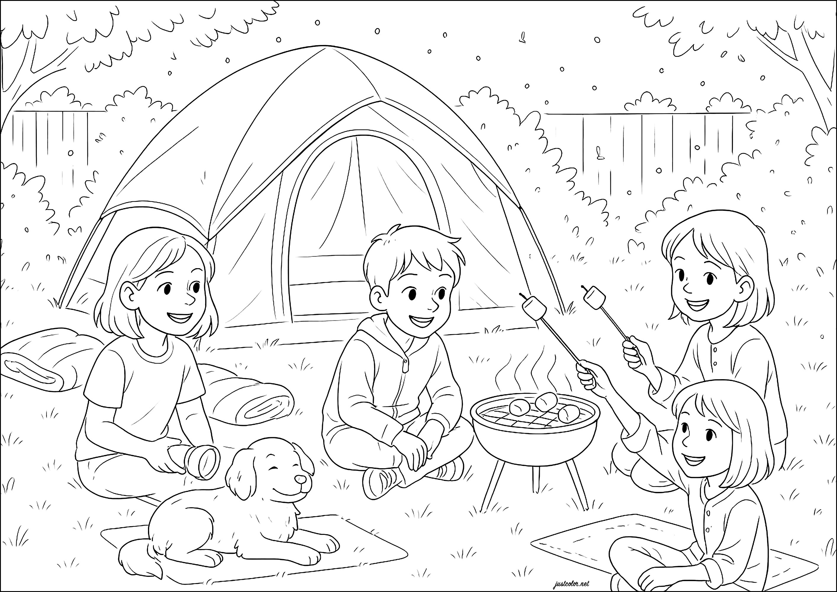 Kleiner Sommergrillabend mit Freunden (Ausmalbild von Summer zum Ausdrucken und Ausmalen für Kinder)
