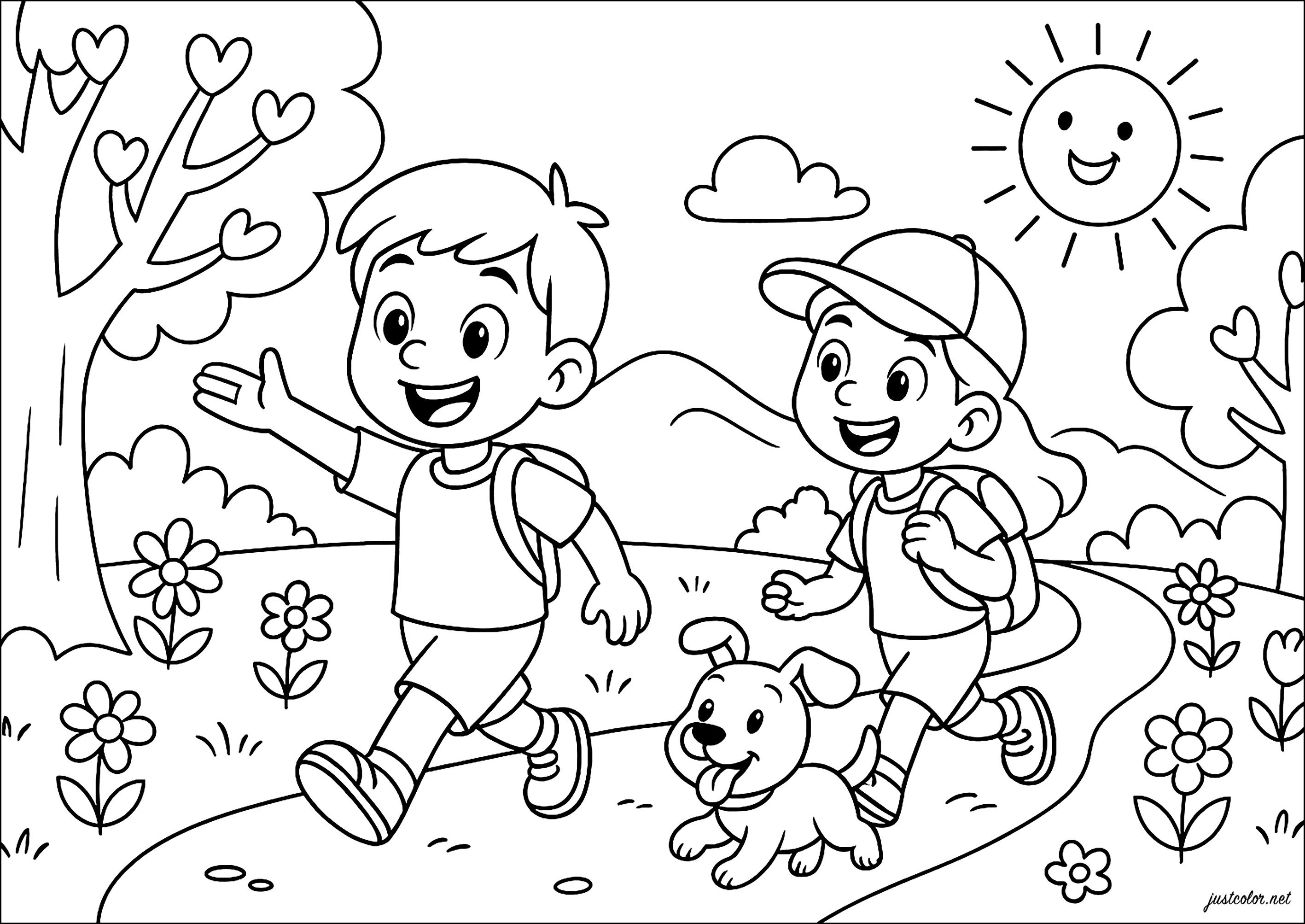 Fröhlicher Spaziergang mit Freunden (Ausmalbild von Summer zum Ausdrucken und Ausmalen für Kinder)