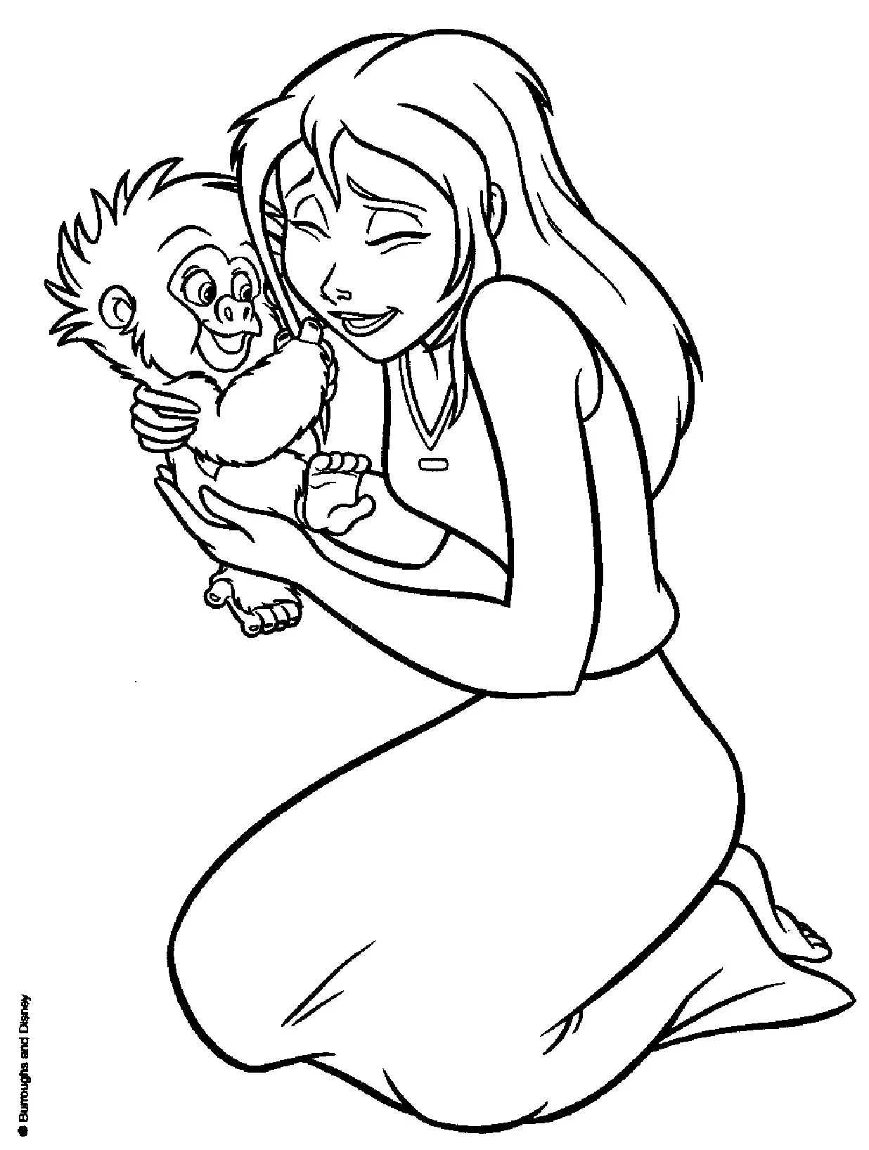 Jane und das Babyaffe. (Ausmalbild von Tarzan zum Ausdrucken und Ausmalen für Kinder)