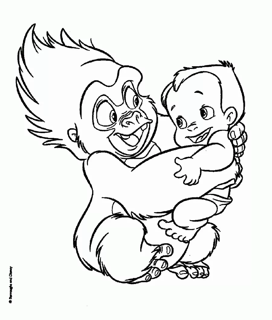 Kleiner Affe und Baby Tarzan. (Ausmalbild zum Ausdrucken und Ausmalen für Kinder)