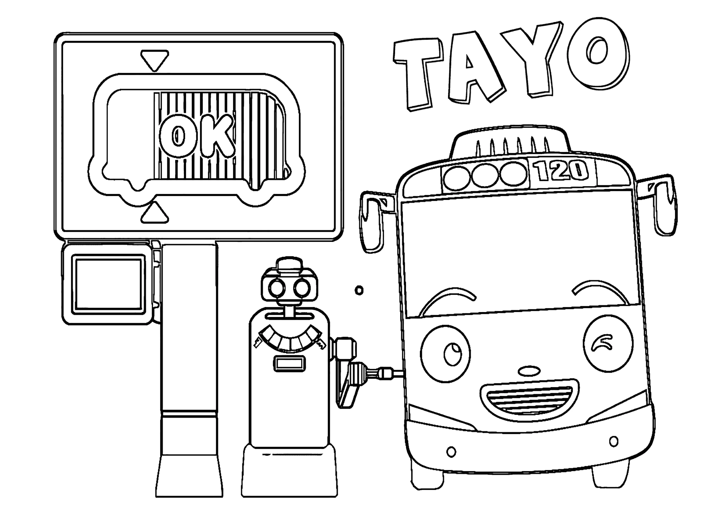 Tayo tankt Benzin. (Ausmalbild von Tayo der kleine Bus zum Ausdrucken und Ausmalen für Kinder)